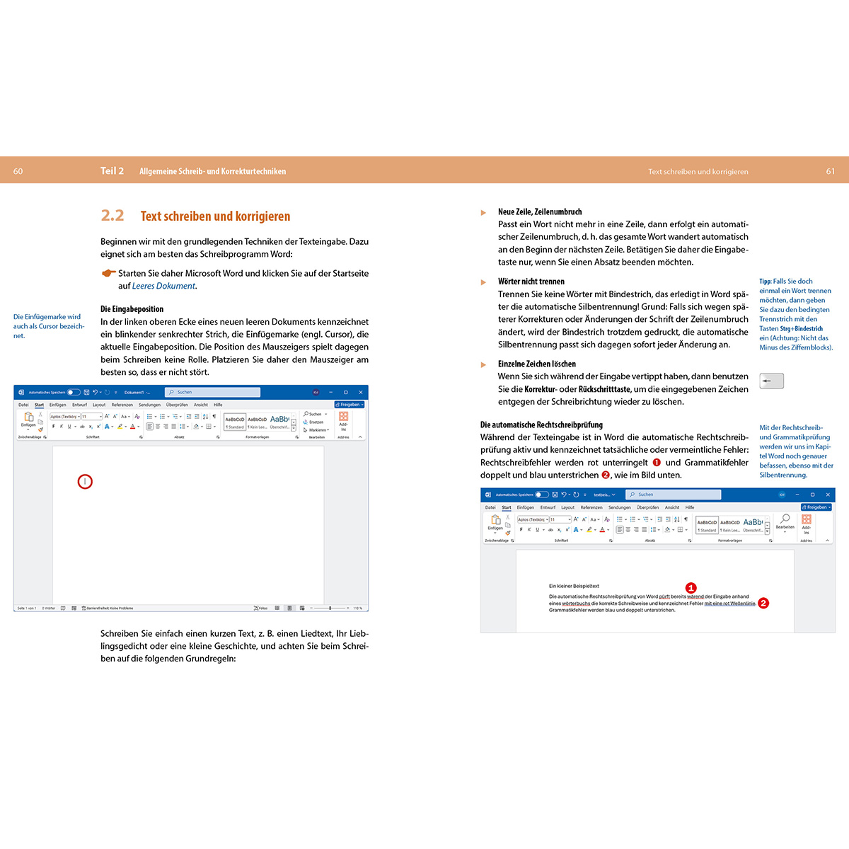 Eine Seite aus einem Word-Dokument mit Erklärungen zu Text schreiben und korrigieren.