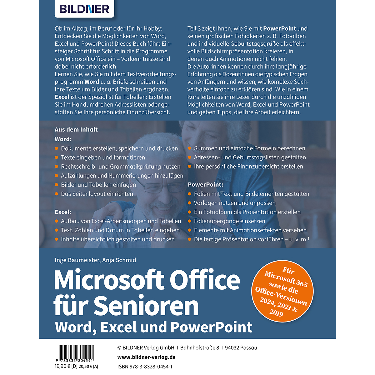 Buchcover für 'Microsoft Office für Senioren', mit Text und Bild zweier lächelnder Senioren.
