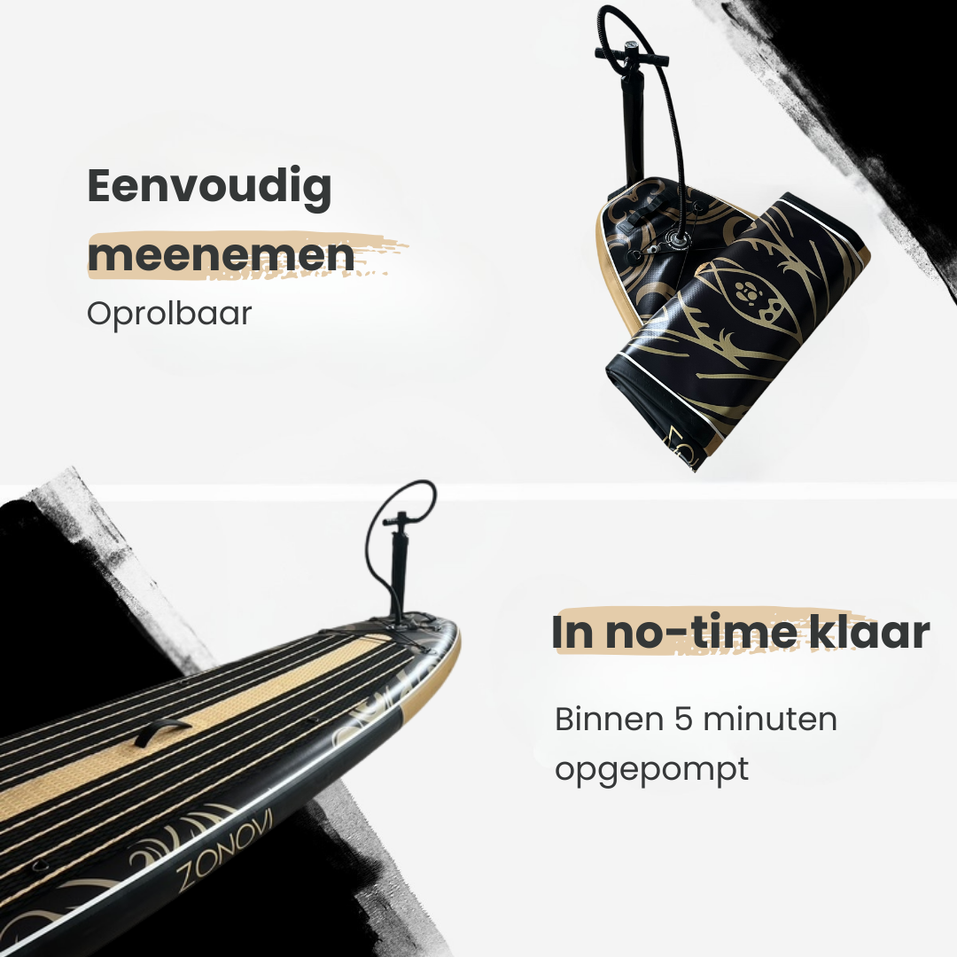 Opblaasbaar board en pomp, makkelijk te vervoeren en op te zetten.