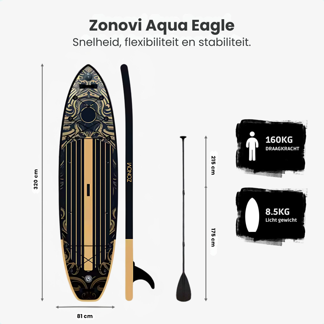Stand-Up Paddleboard met peddel, afmetingen 320x81cm. 160kg draagkracht, 8.5kg gewicht.