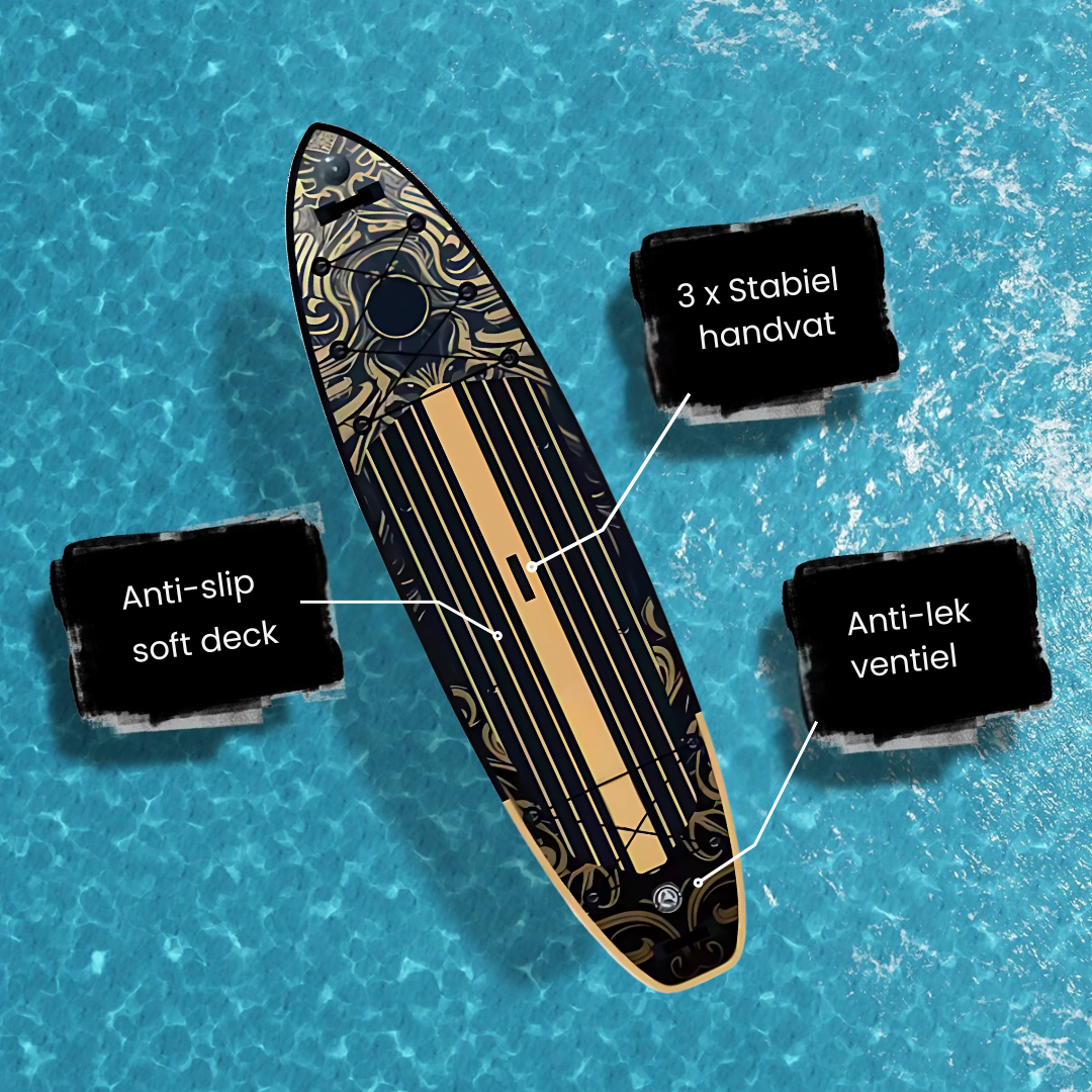 Een zwart en goud stand-up paddleboard met anti-slip dek.