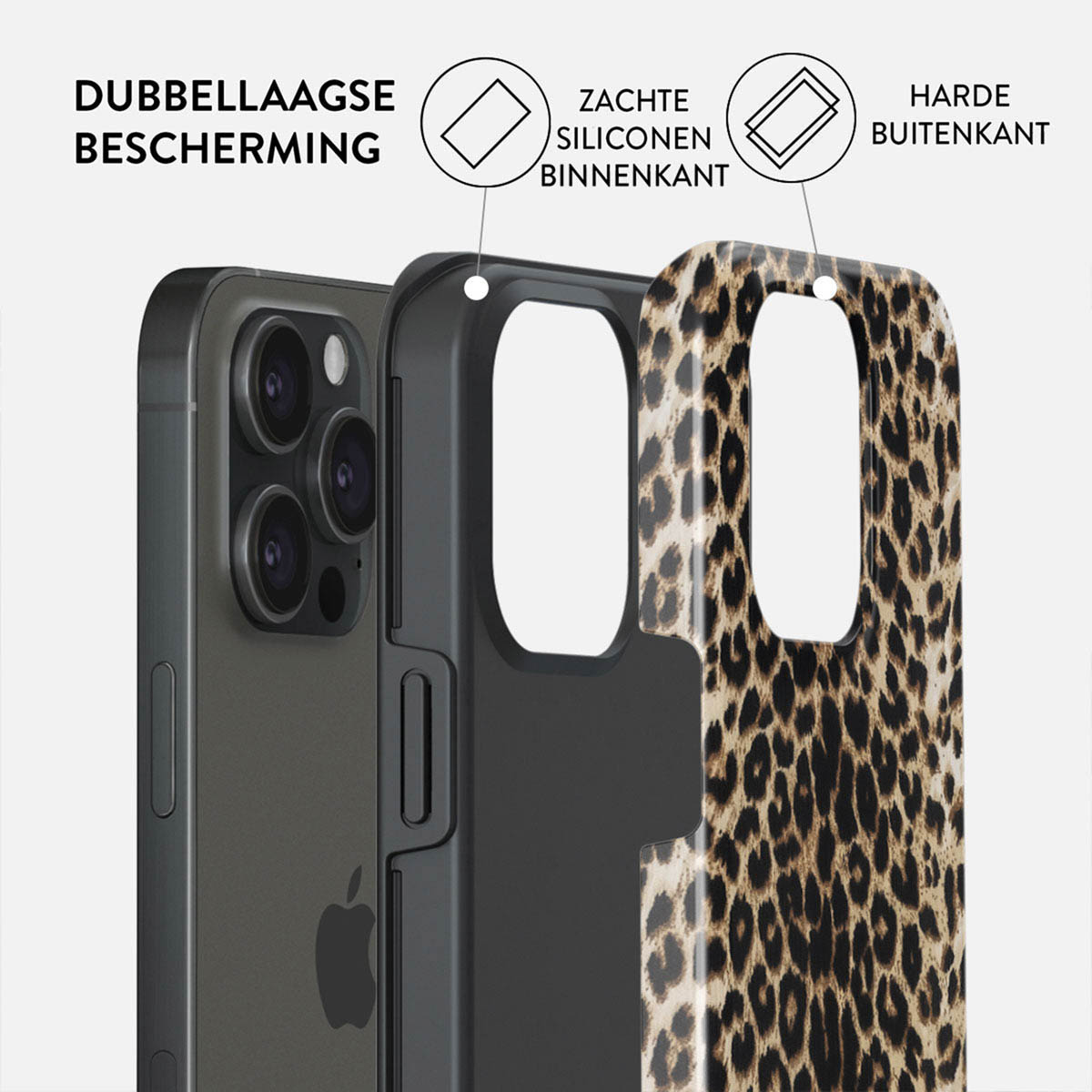 Doppia protezione: strato interno in silicone morbido, strato esterno rigido con stampa leopardata.