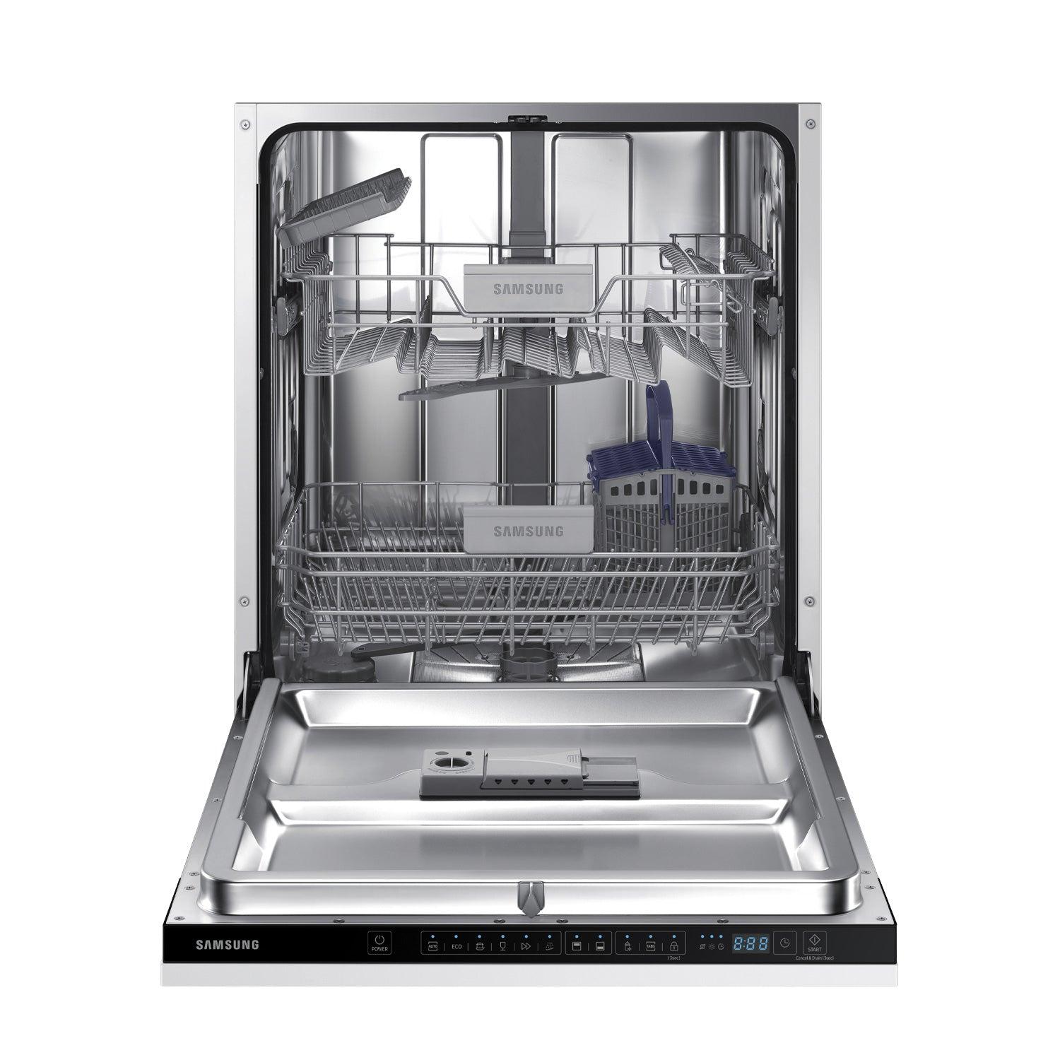 Open white Samsung dishwasher with silver racks and cutlery basket.