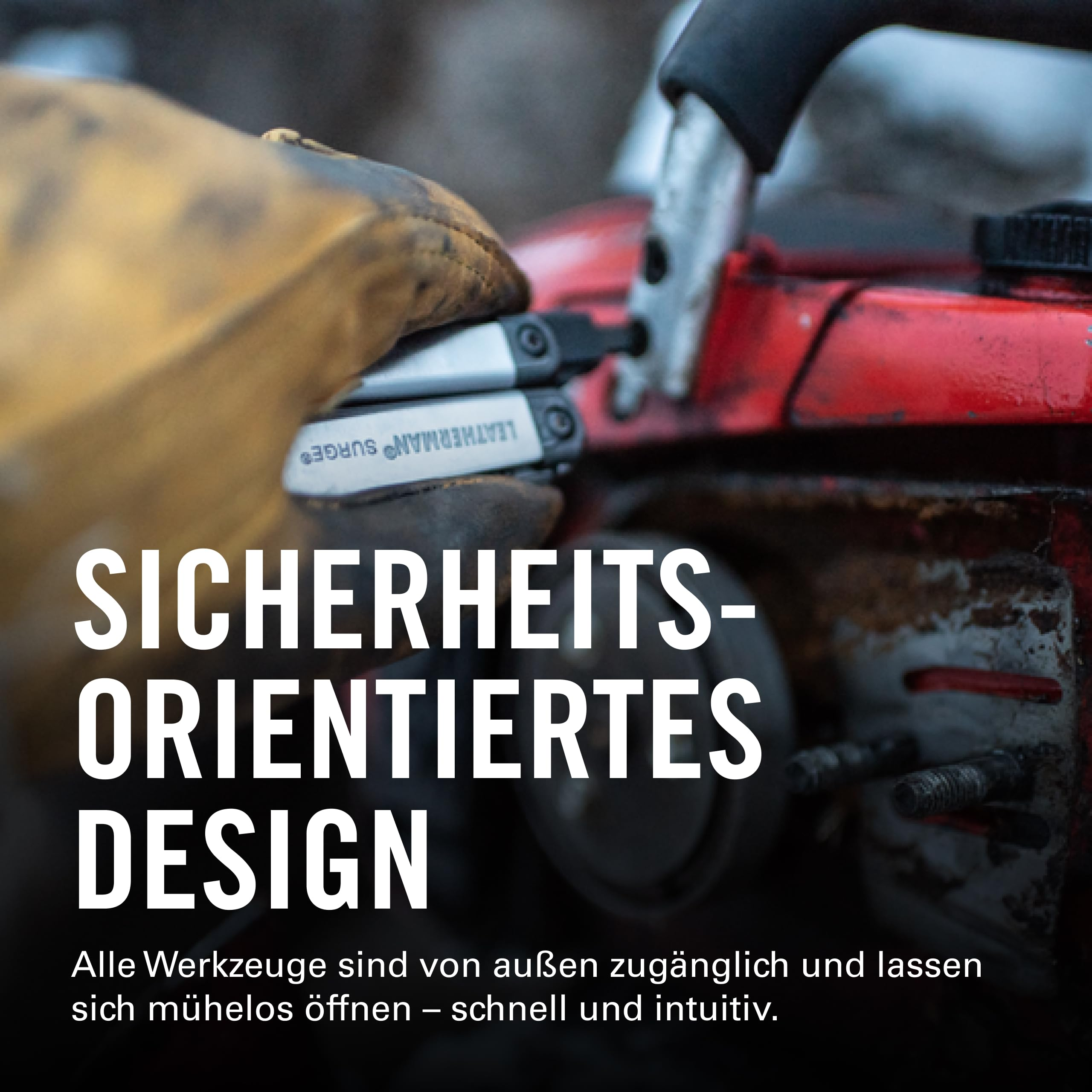 Ręka w rękawiczce trzyma narzędzie wielofunkcyjne przed czerwonym urządzeniem.