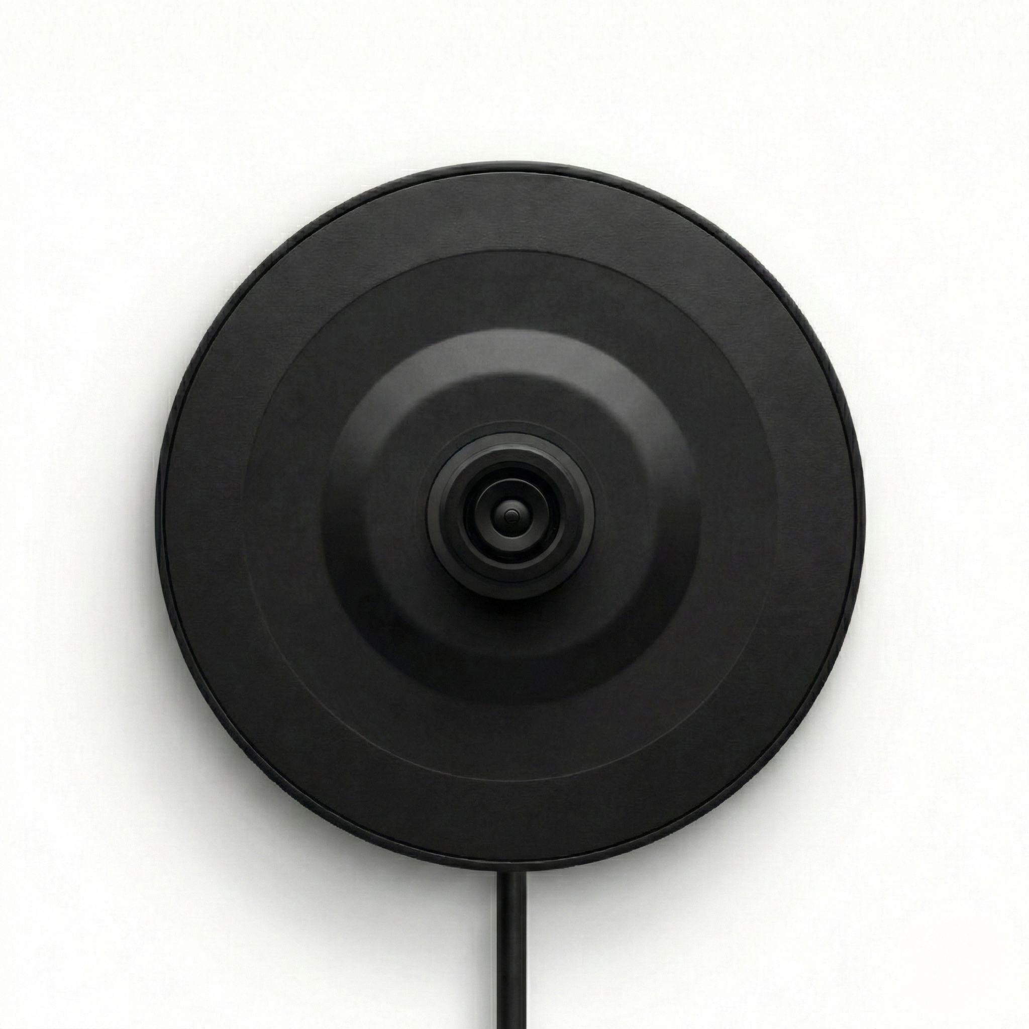 Un objet noir et rond avec des cercles concentriques et un petit bouton au centre.