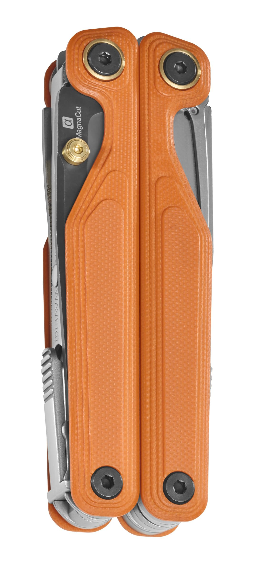 Ein orangefarbenes Multitool mit silbernen Klingen und Schrauben auf weißem Hintergrund.