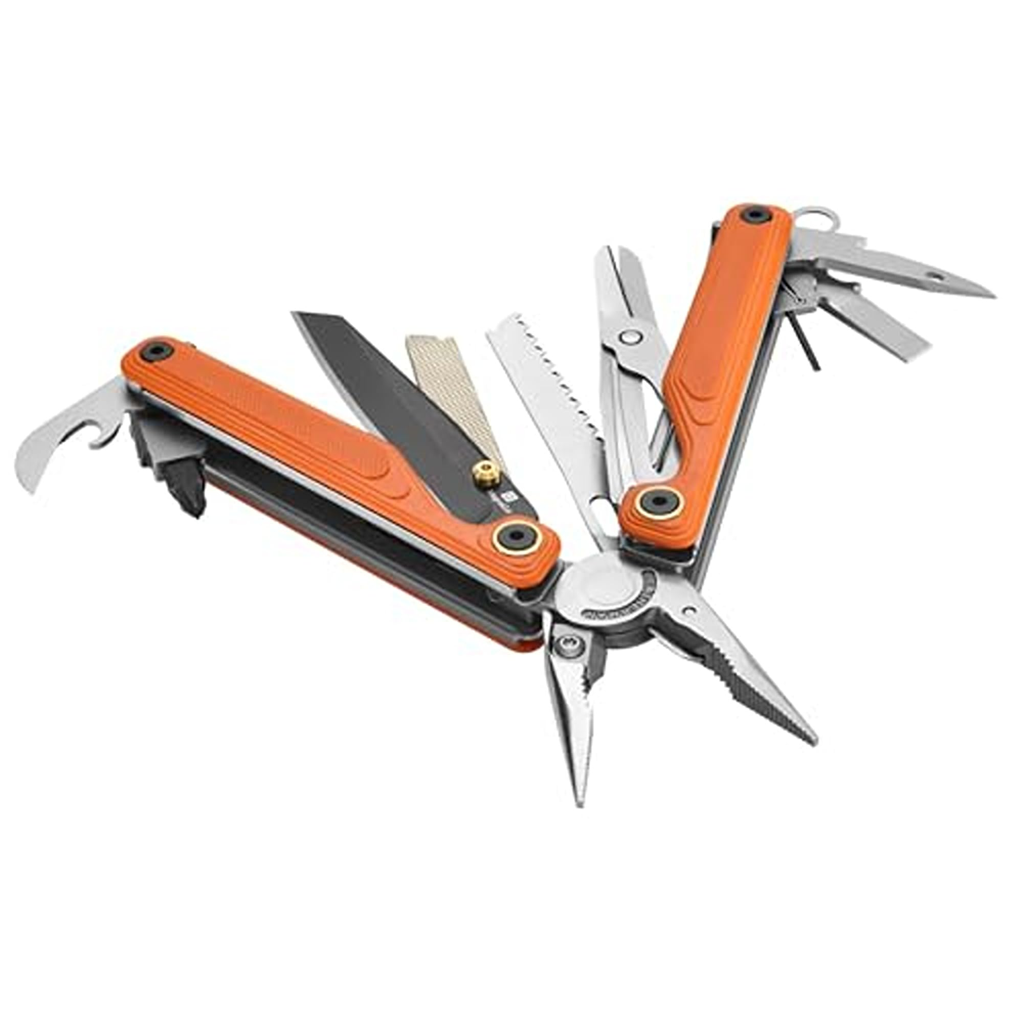 Ein orangefarbenes Multitool mit ausgefahrenen Werkzeugen wie Zange, Messer und Säge.