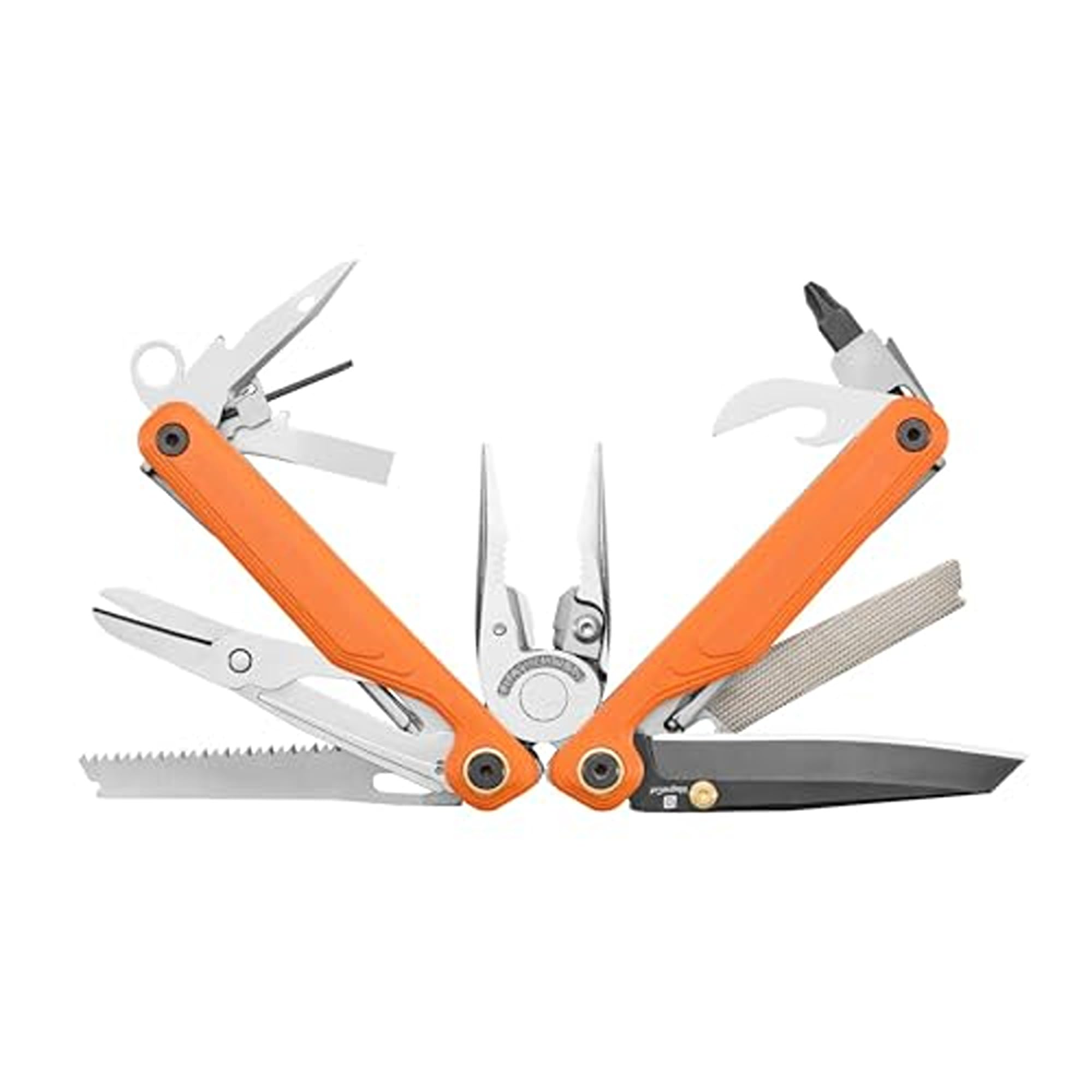 Ein geöffnetes Multitool mit orangefarbenen Griffen und silbernen Werkzeugen.