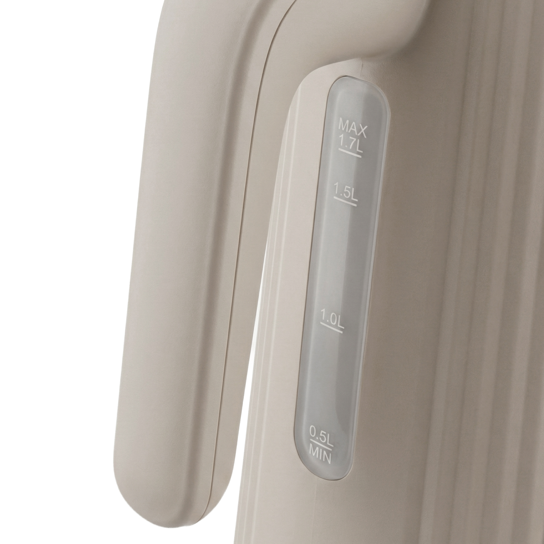 Close-up van een lichtbeige waterkoker met een transparante waterniveau-indicator.