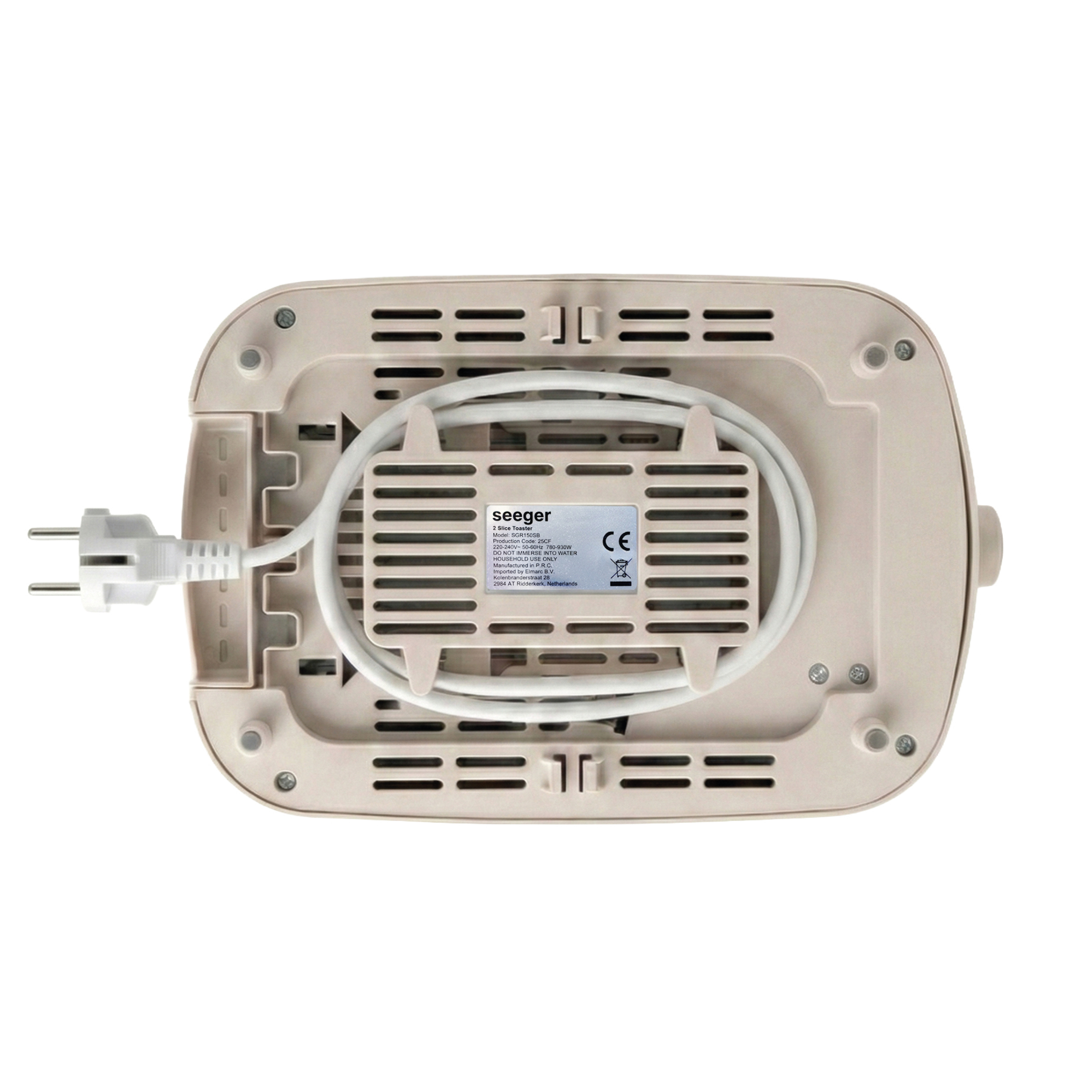 Dessous d'un grille-pain beige avec cordon et prise blancs.