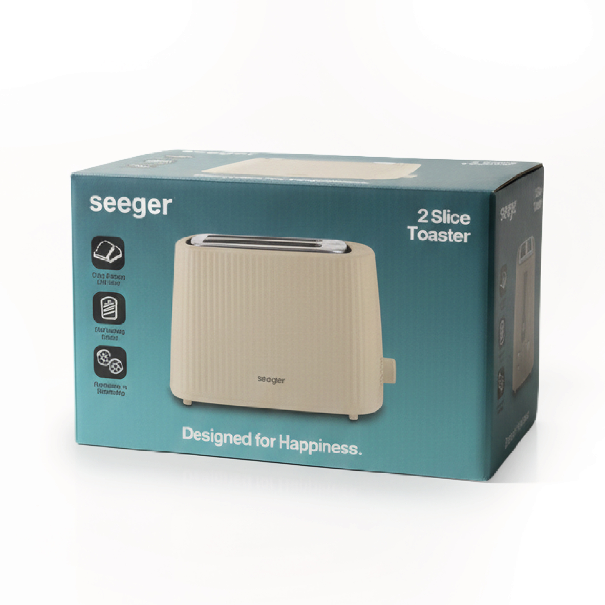 Grille-pain beige Seeger 2 fentes sur boîte bleue avec icônes.