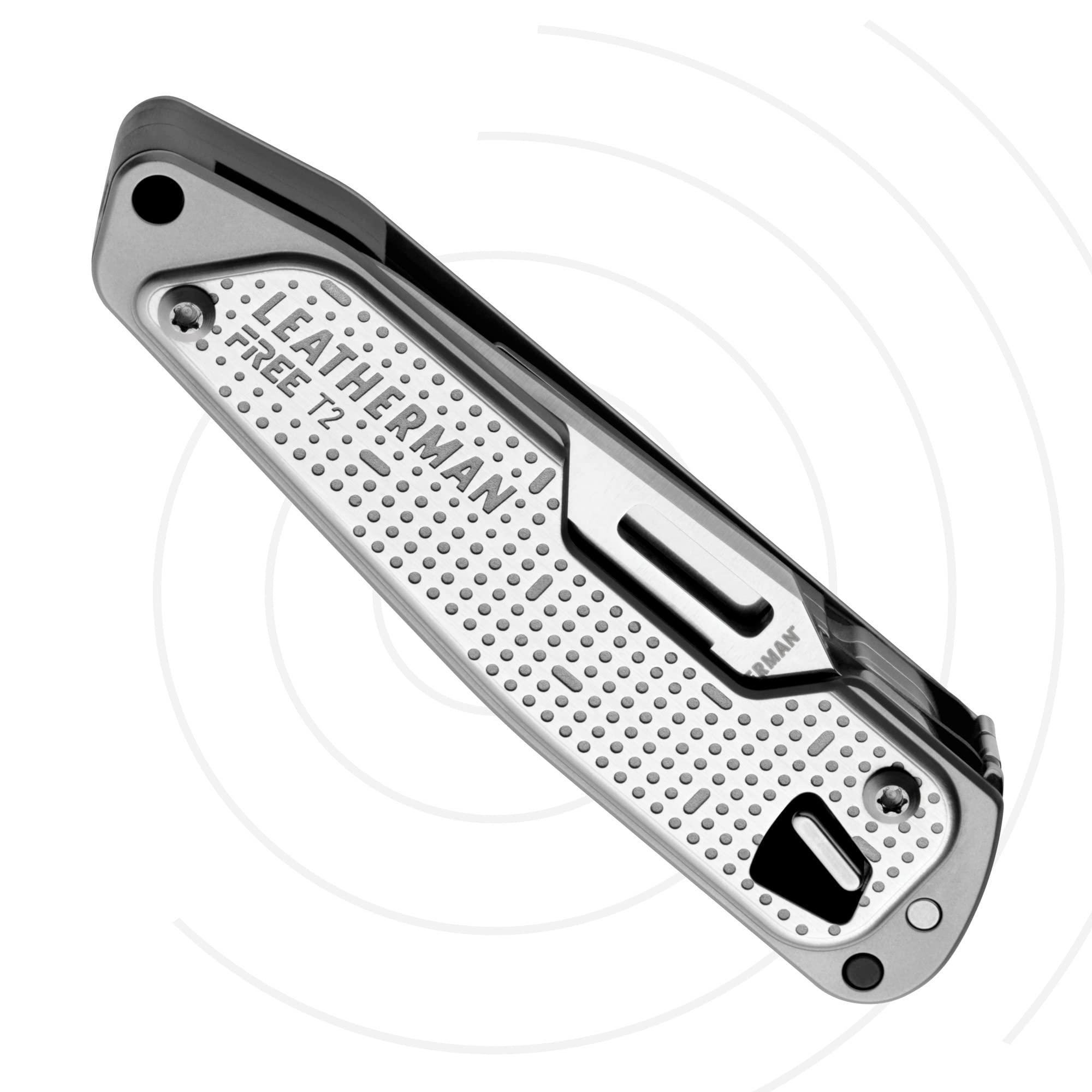 Ein silberner Leatherman FREE T2 Multitool mit Lochmuster.