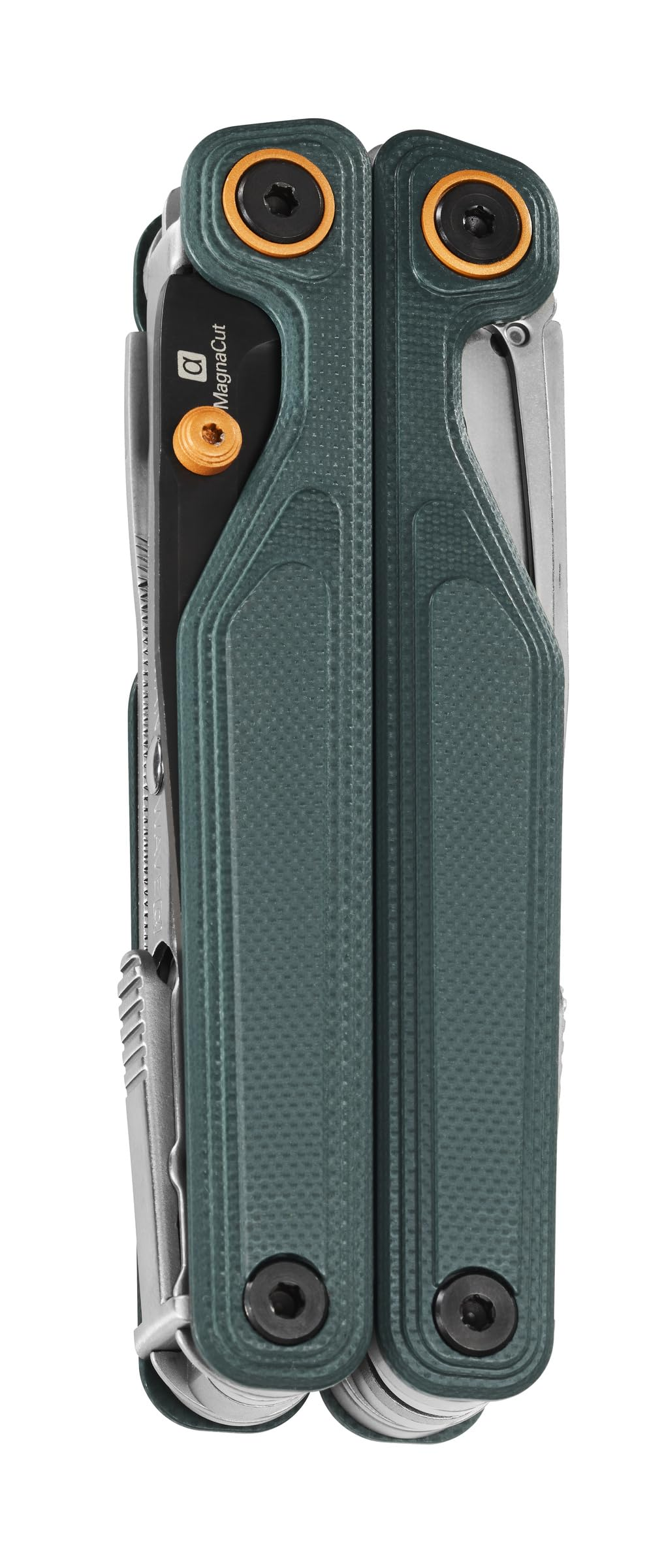 Un multitool chiuso con manici verdi e accenti arancioni.