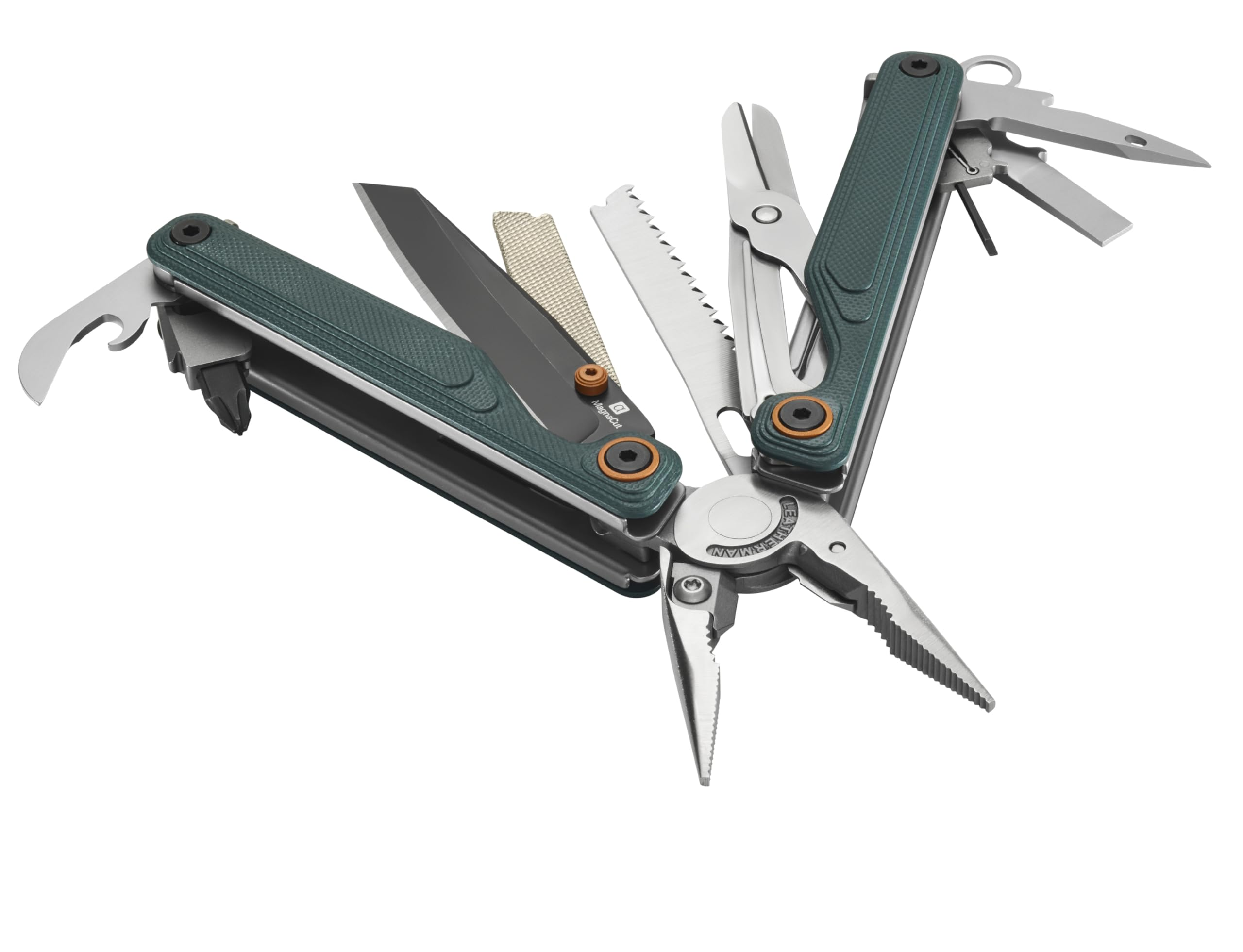 Un multiutensile verde con pinze, coltello, sega e altri accessori aperti.