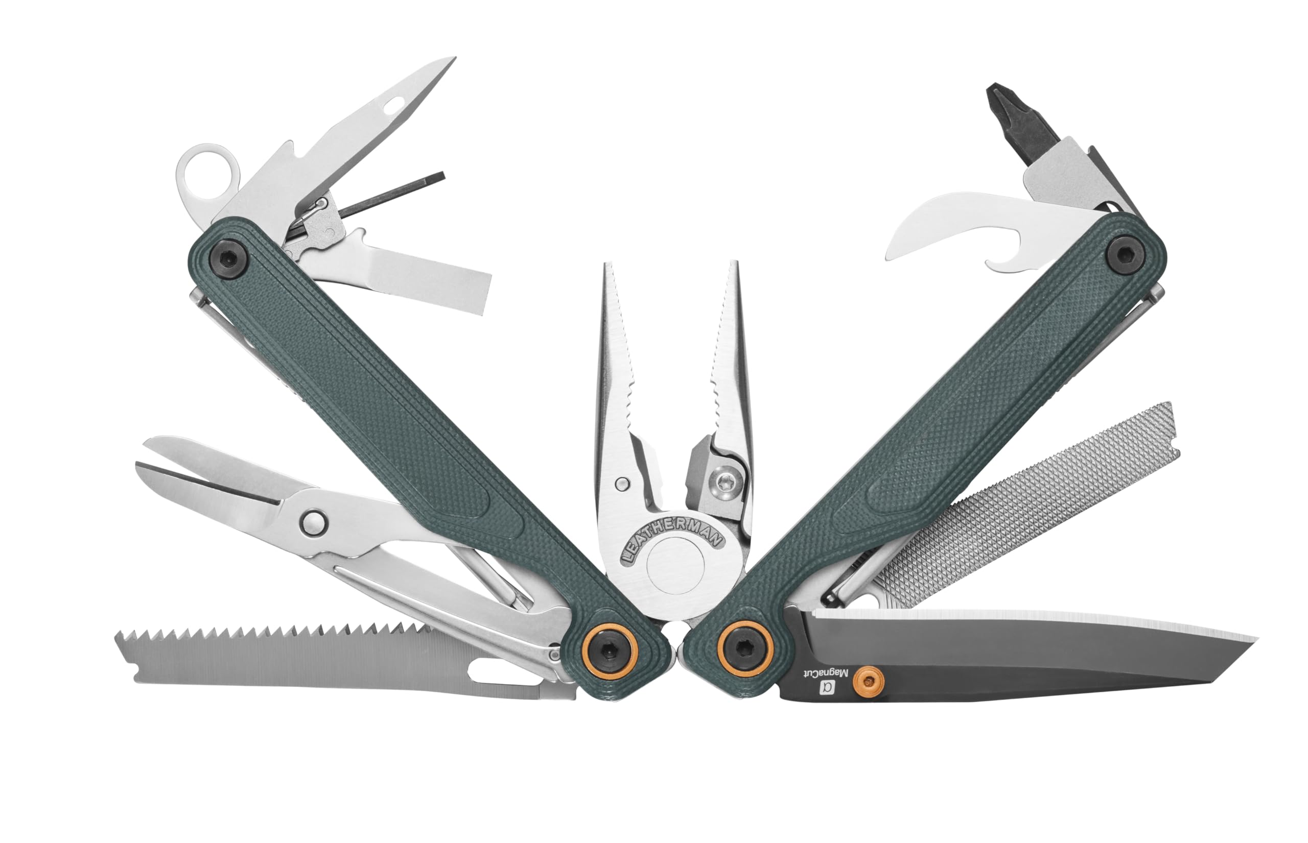 Un multitool verde con vari attrezzi spiegati: coltello, pinze e forbici.