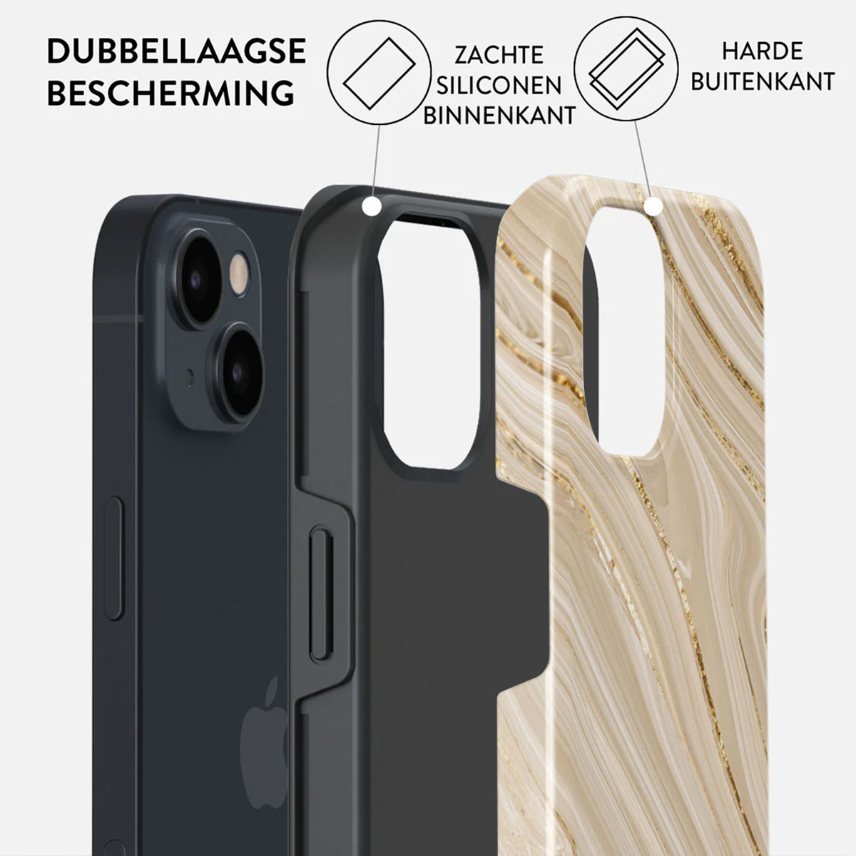 A black iPhone with a marbled protective case. Double layer.