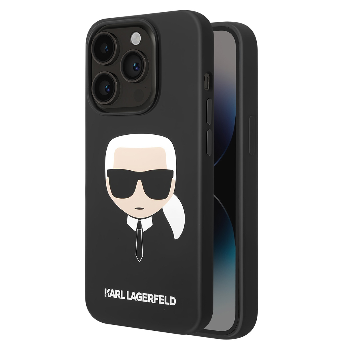 Custodia nera per telefono con caricatura di Karl Lagerfeld e ritaglio fotocamera.