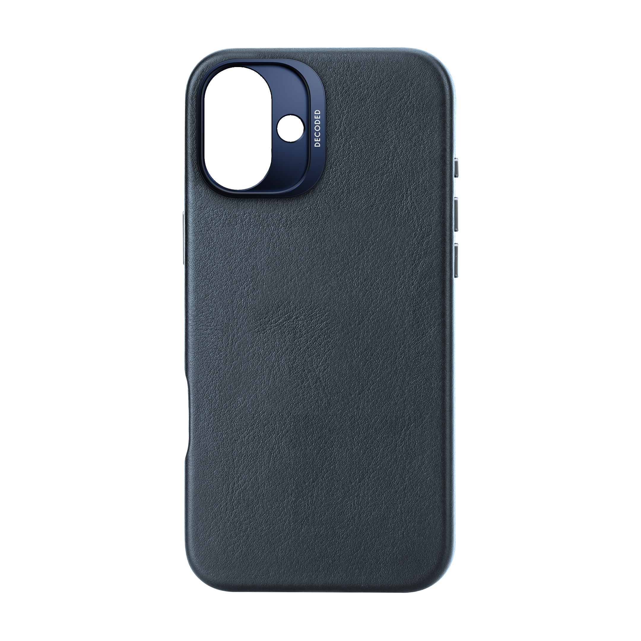 Coque de téléphone gris foncé avec découpe caméra et texte DECODED.