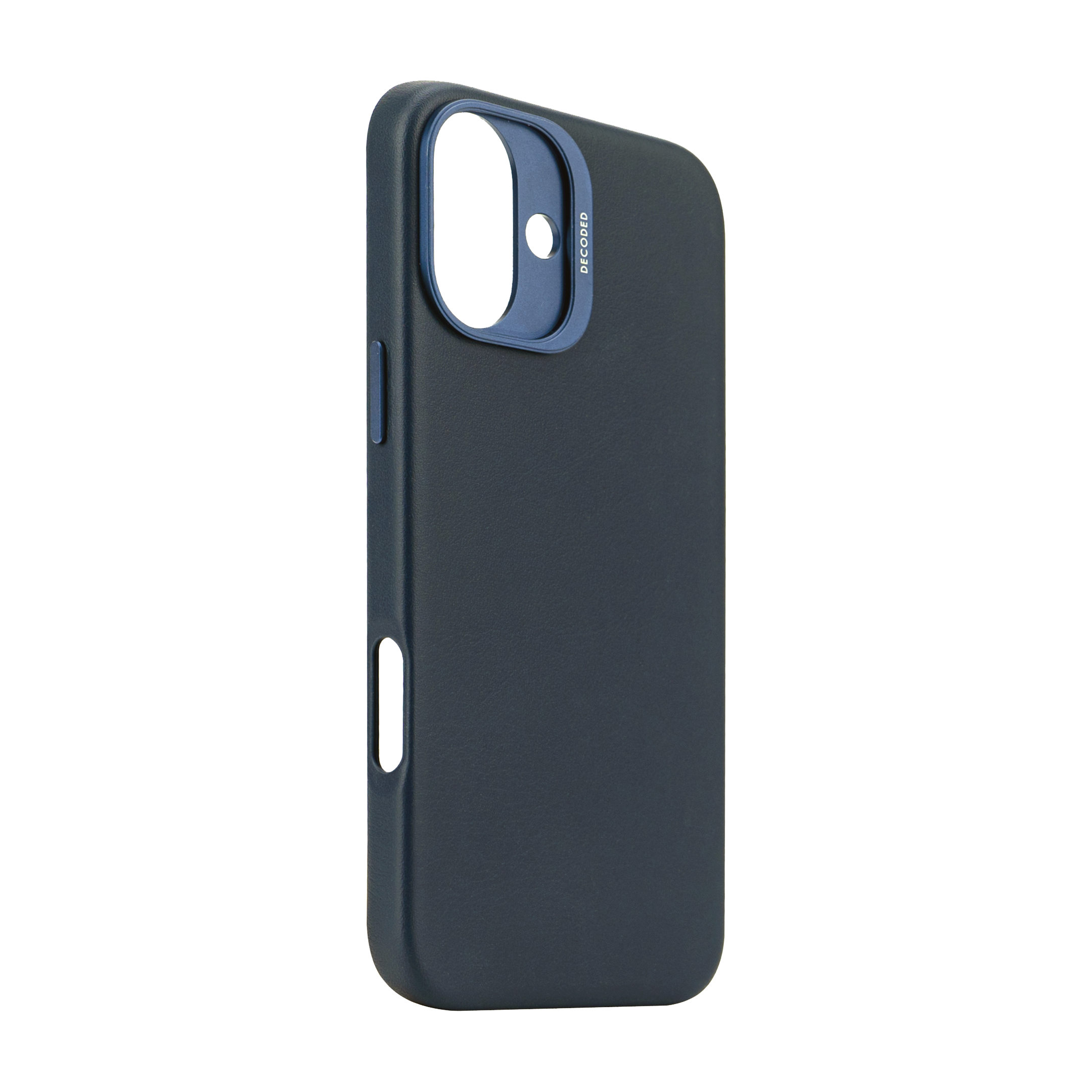 Coque de téléphone bleu foncé avec découpe caméra et bordure bleue.