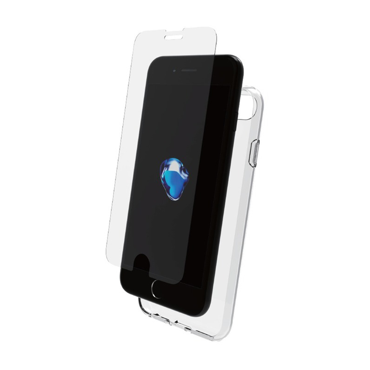 Uno smartphone nero con pellicola protettiva e custodia trasparente.