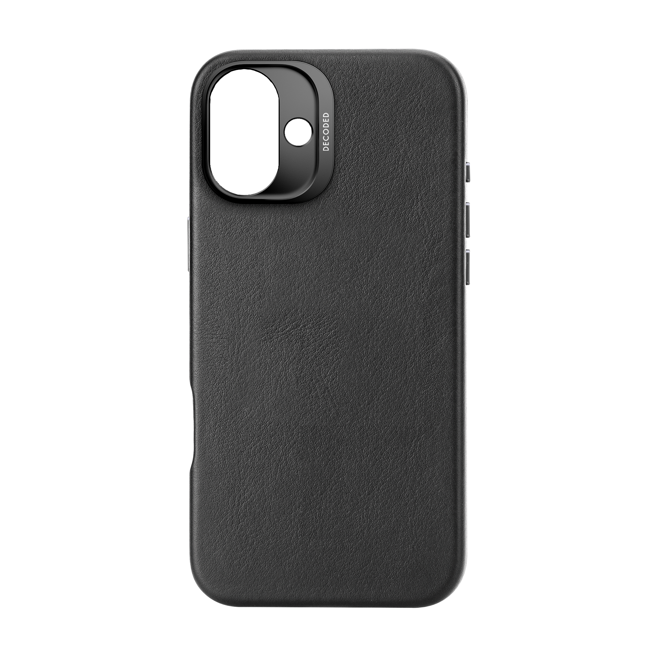 Custodia nera in pelle per telefono con ritaglio fotocamera e logo DECODED.