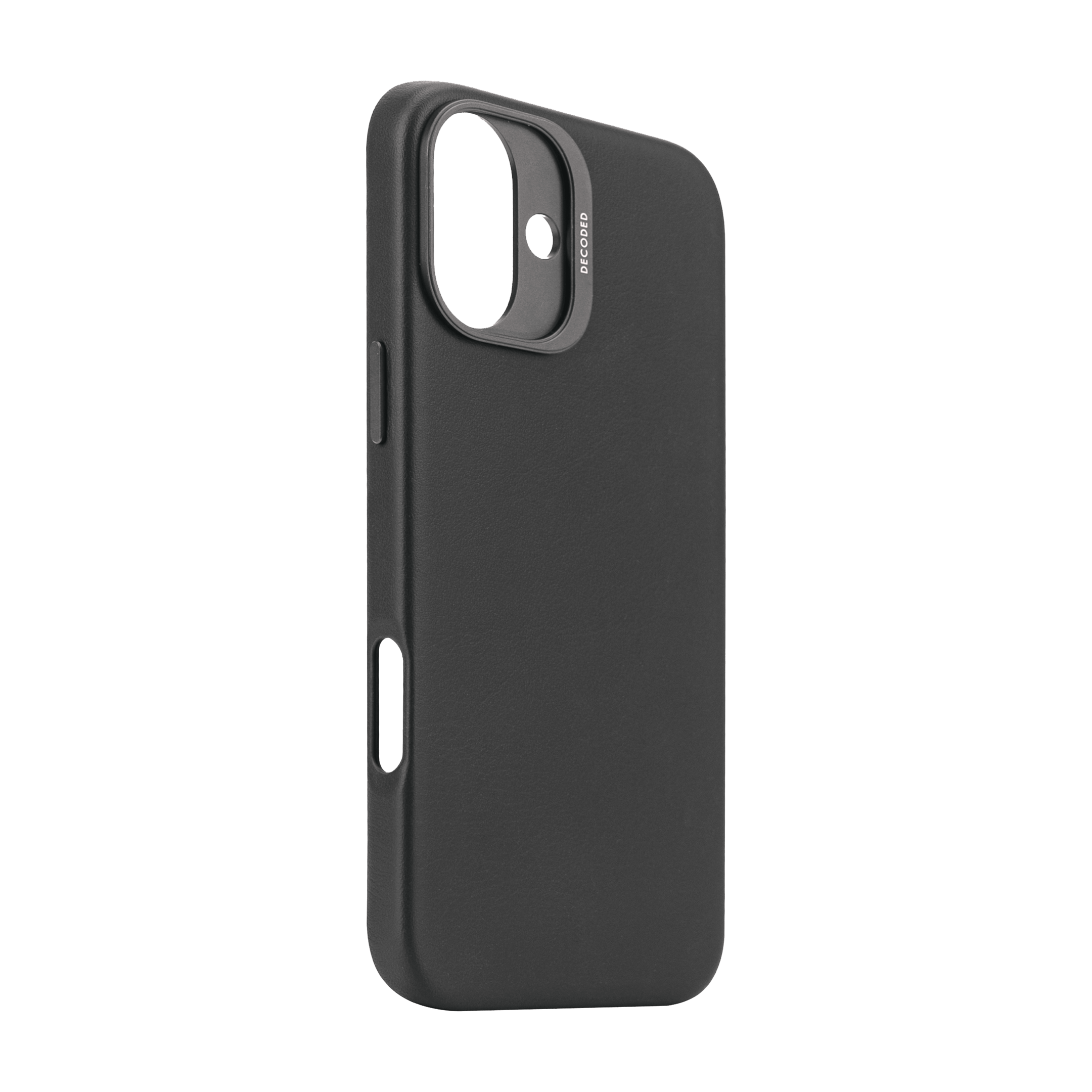 Una custodia per telefono nera con ritagli per fotocamera e pulsanti.