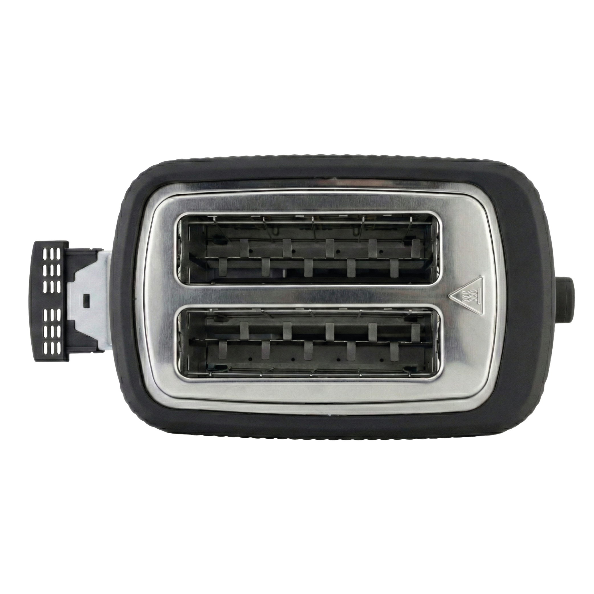 A silver toaster with a black rim and two slots. A lever is on the left.