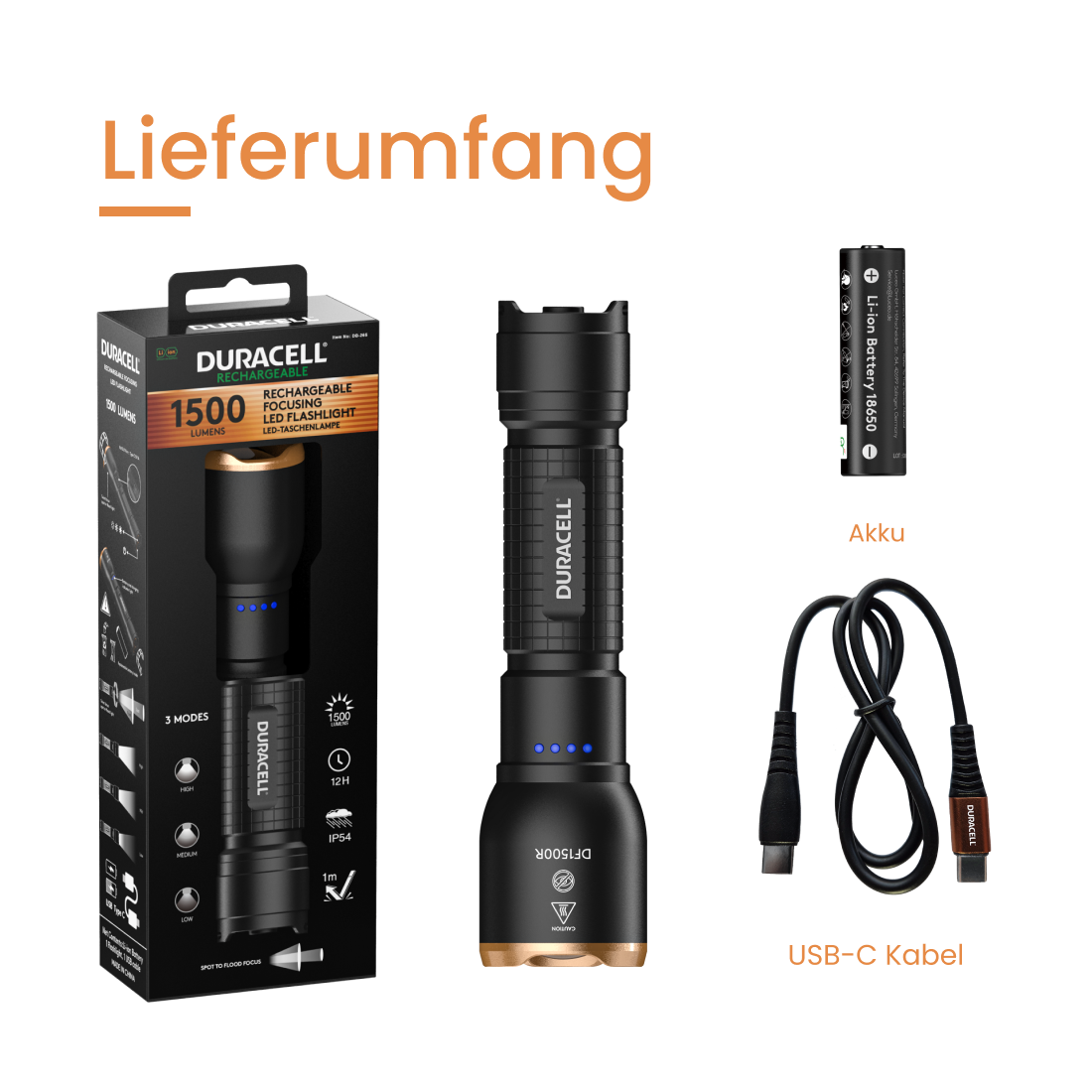 Lieferumfang: Duracell LED-Taschenlampe, Akku, USB-C Kabel.