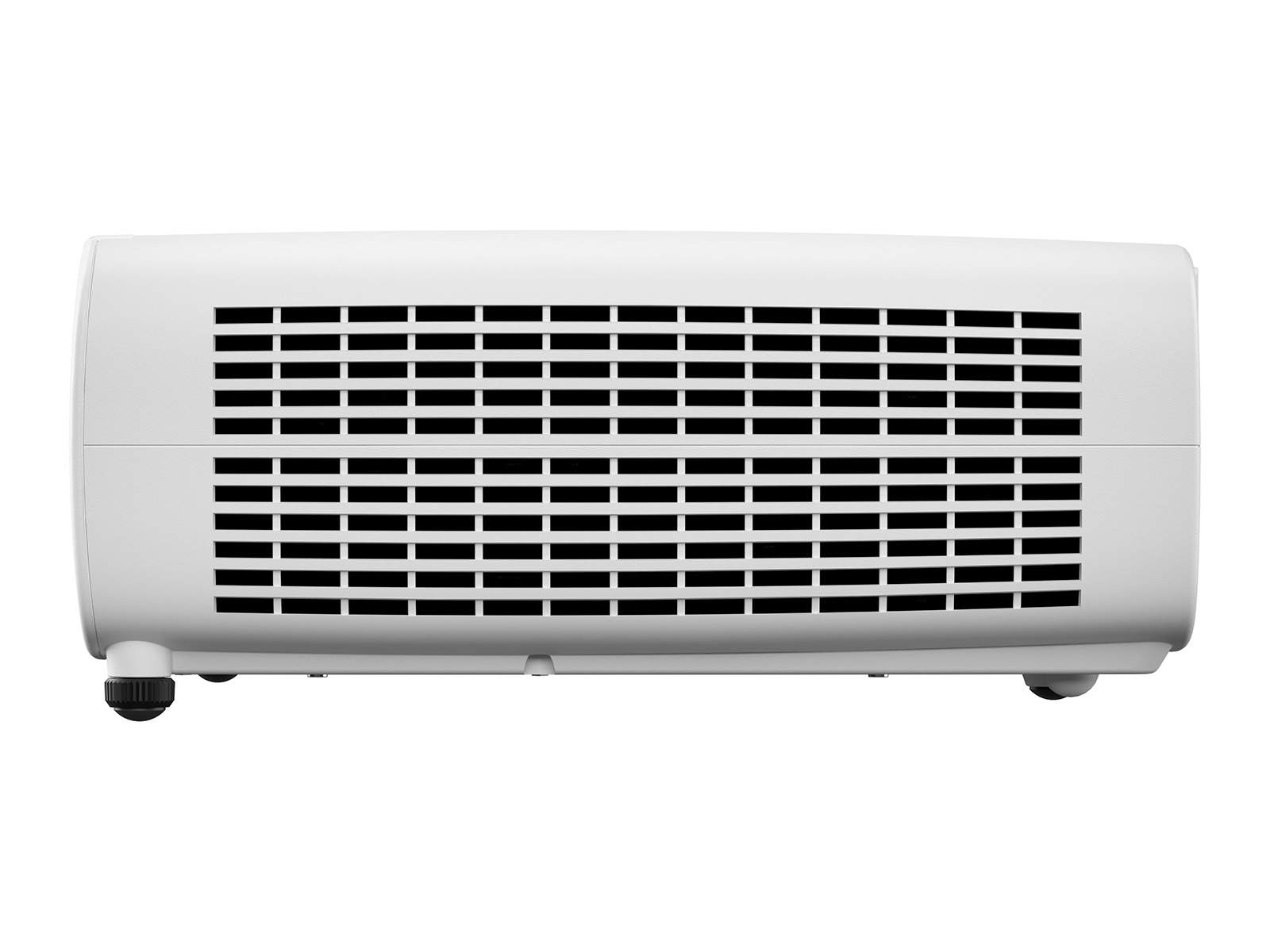 Un proyector blanco con rejillas frontales y un pie ajustable abajo.