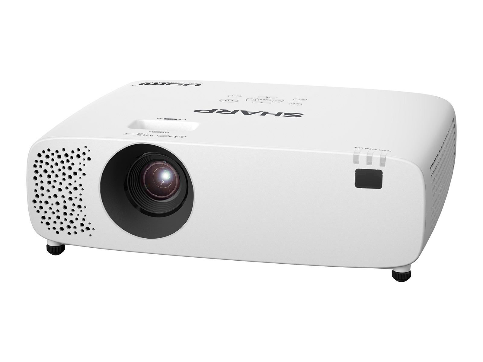 Un proyector SHARP blanco con lente al frente y rejillas de ventilación.