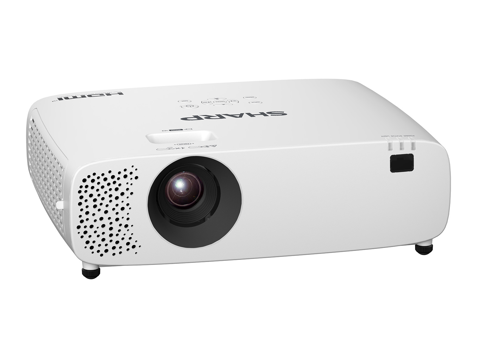 Un proyector Sharp blanco con lente, rejillas de ventilación y botones de control.