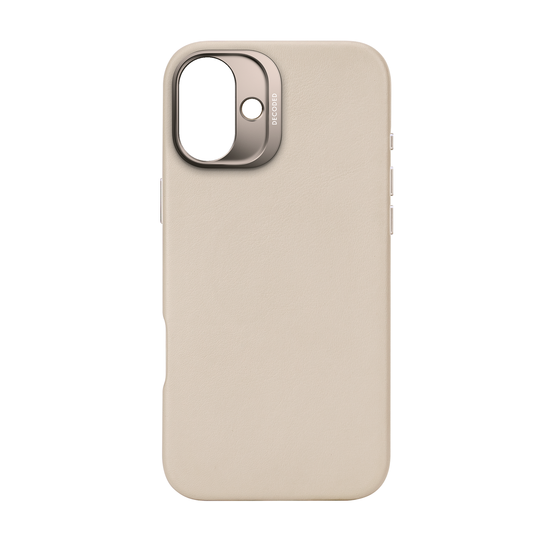 Una custodia per telefono beige con cornice metallica per fotocamera e logo DECODED.