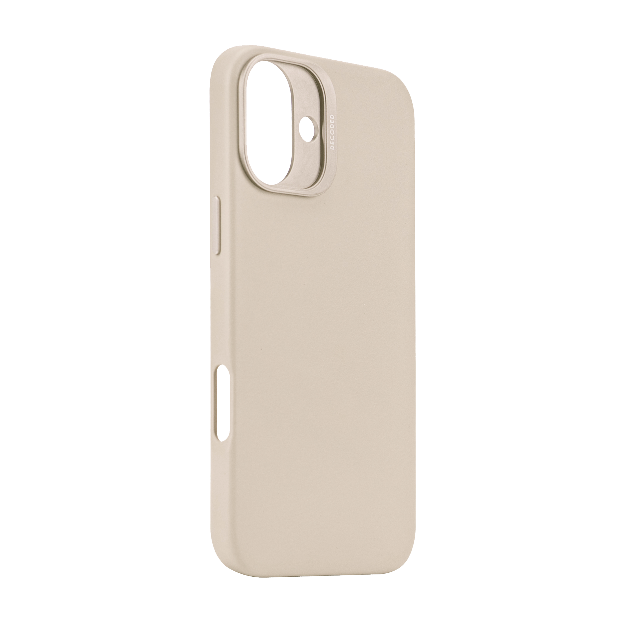 Una cover beige per telefono con ritaglio fotocamera e logo laterale.