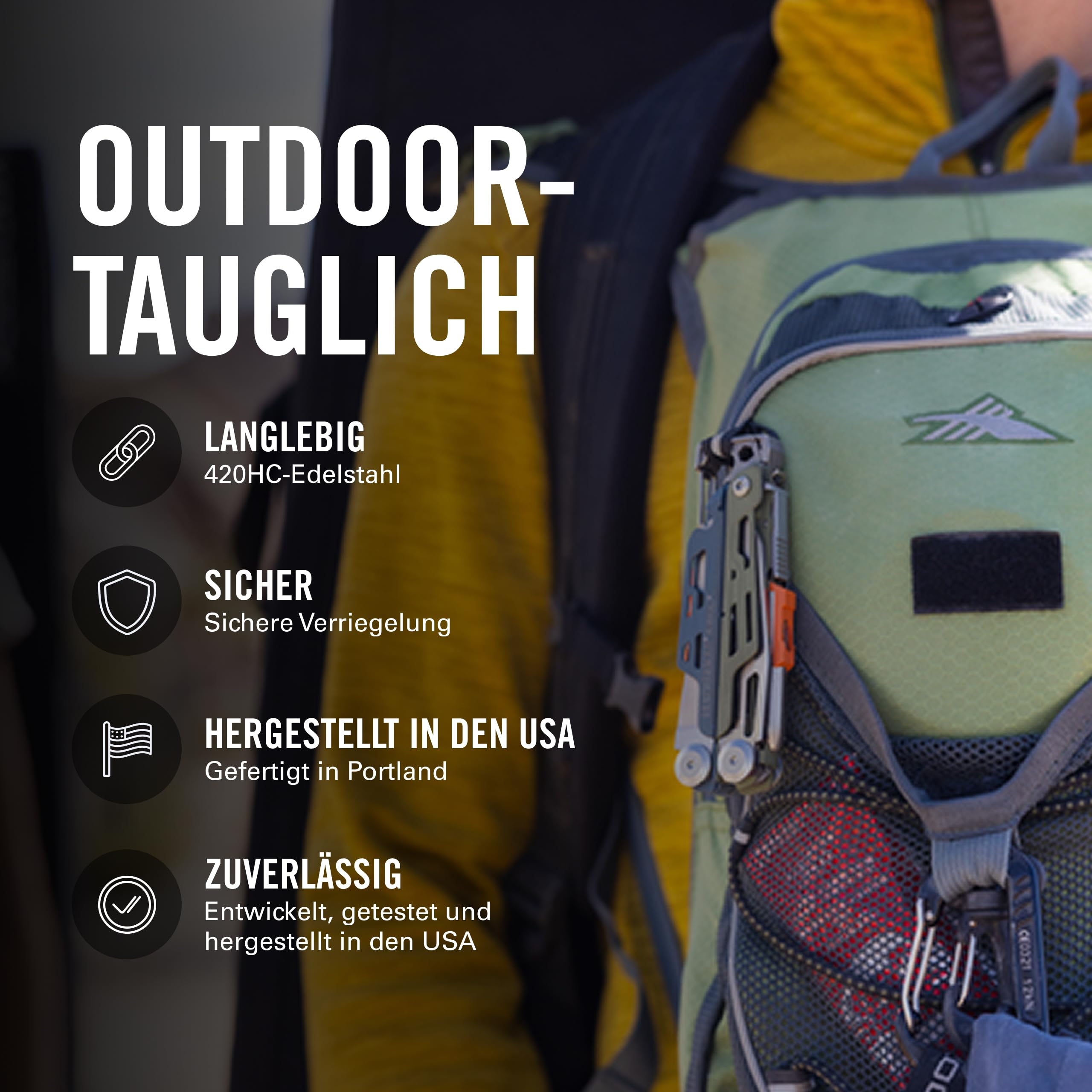 Ein grüner Rucksack mit einem Multitool und Text über Outdoor-Tauglichkeit.