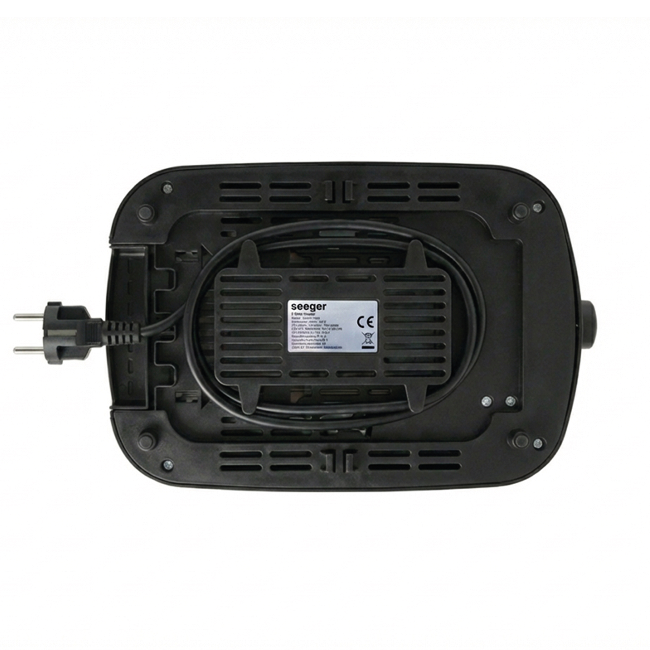 Underside of a black appliance with power cord and plug. Ventilation slots.