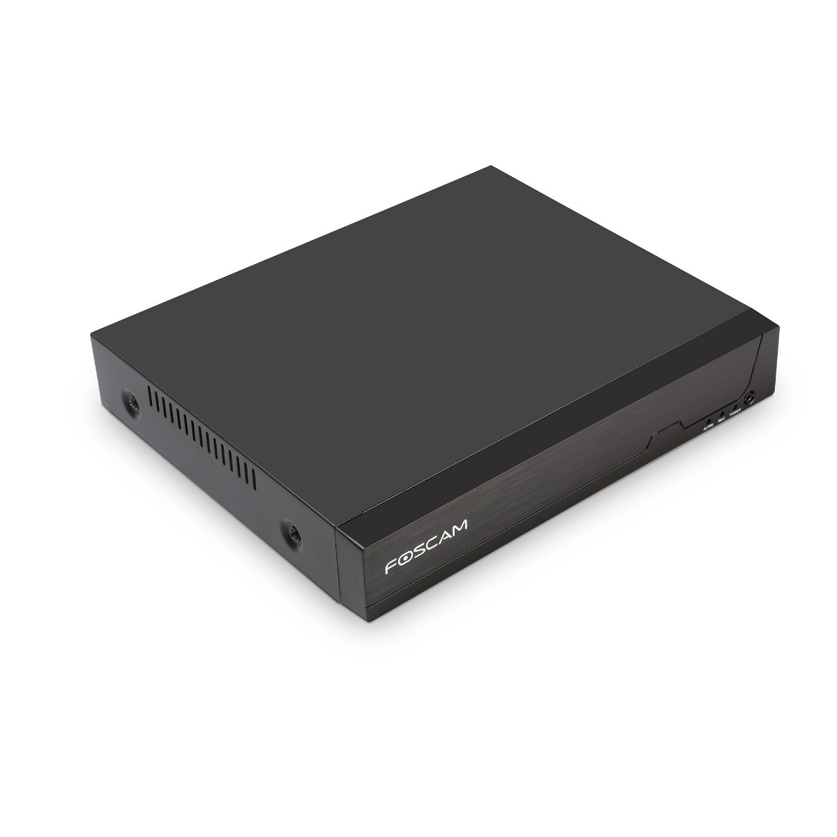 A black Foscam DVR sits on a white surface. It has ventilation slots on the side.