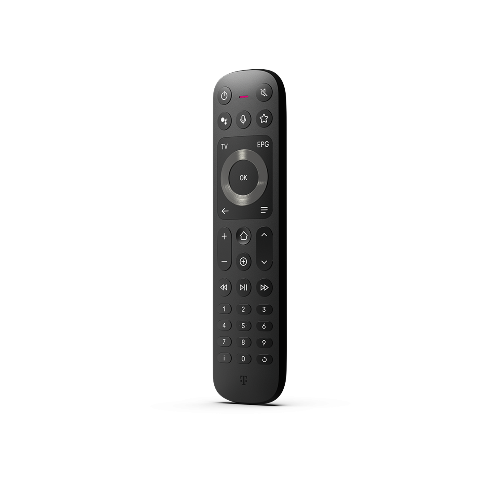 Eine schwarze Fernbedienung mit Tasten für TV, EPG, OK, Lautstärke und Ziffern.