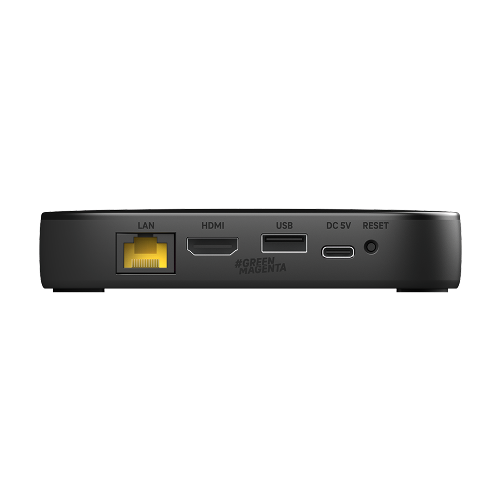 Schwarzes Gerät mit Anschlüssen: LAN, HDMI, USB, DC 5V, Reset. Beschriftung #GREEN MAGENTA.