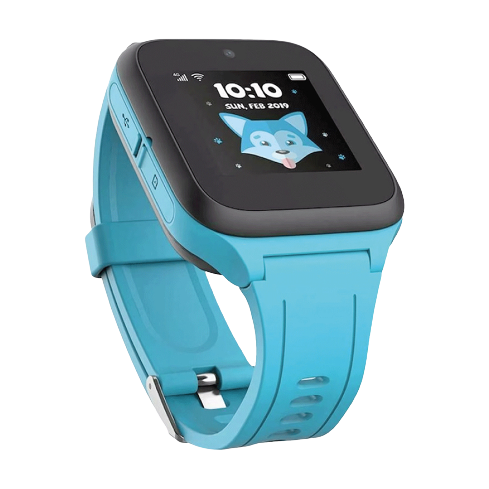 Eine blaue Smartwatch mit einem Cartoon-Wolf-Display und silbernen Schnallen.