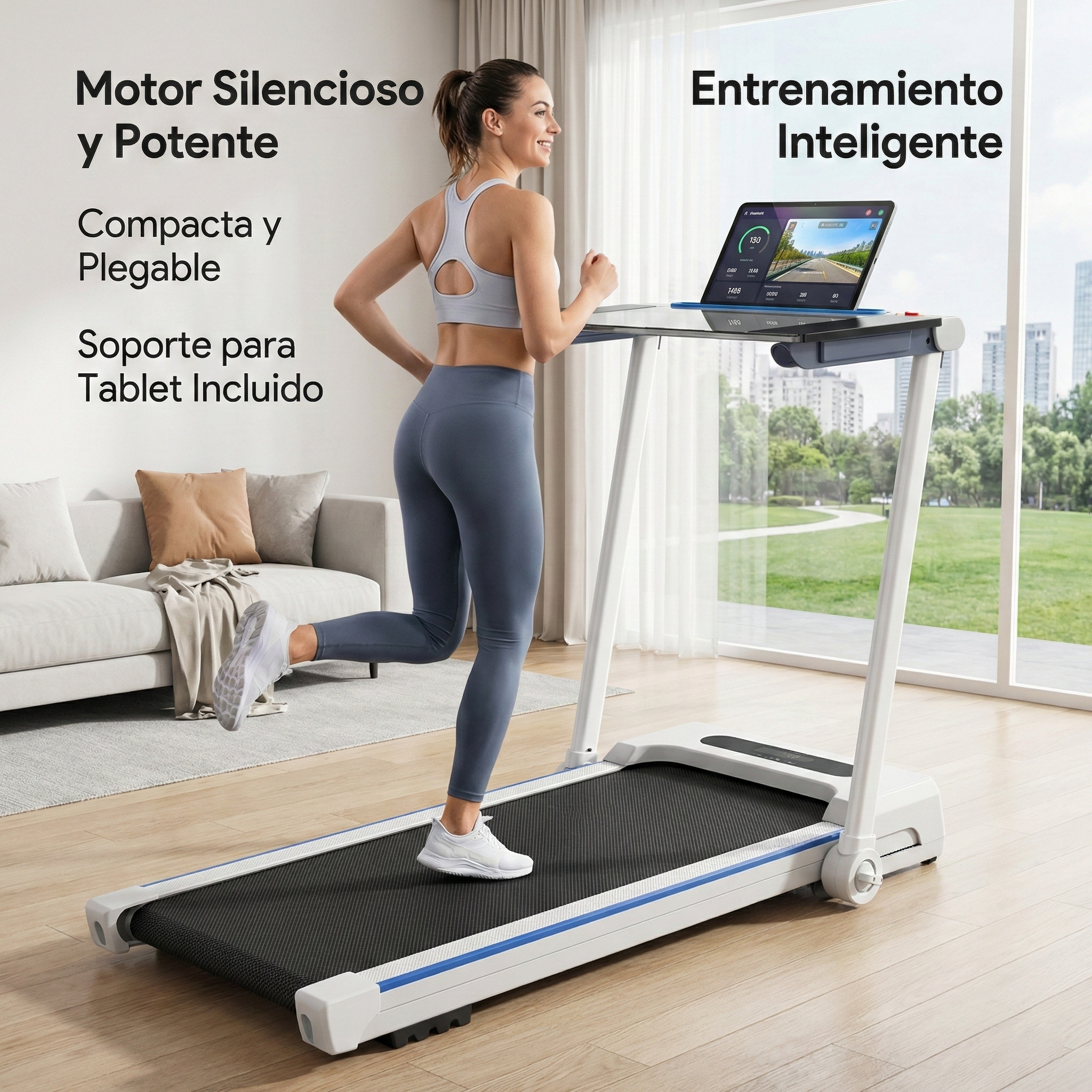 Una mujer corre en una cinta de correr en una habitación luminosa con vistas a una ciudad.