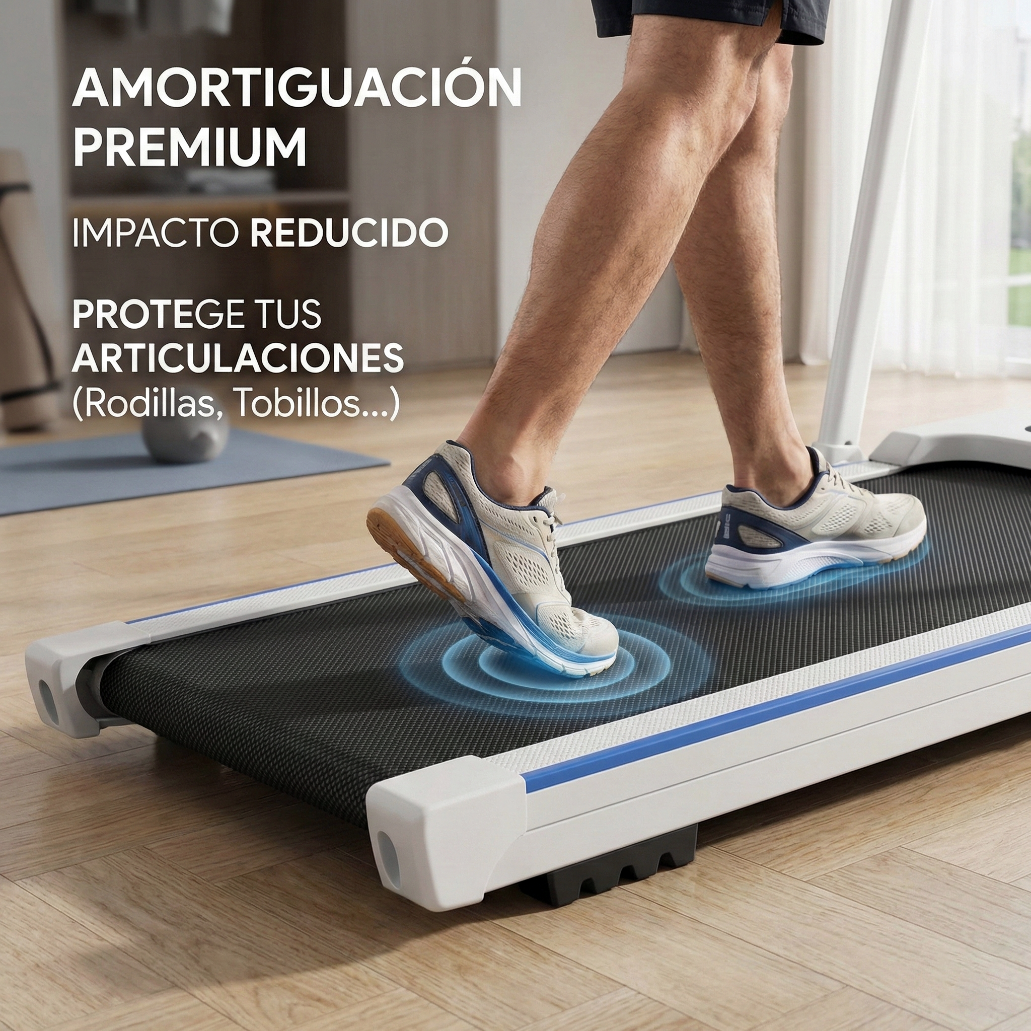 Persona en cinta: Amortiguación protege articulaciones. Zapatillas blancas y azules.