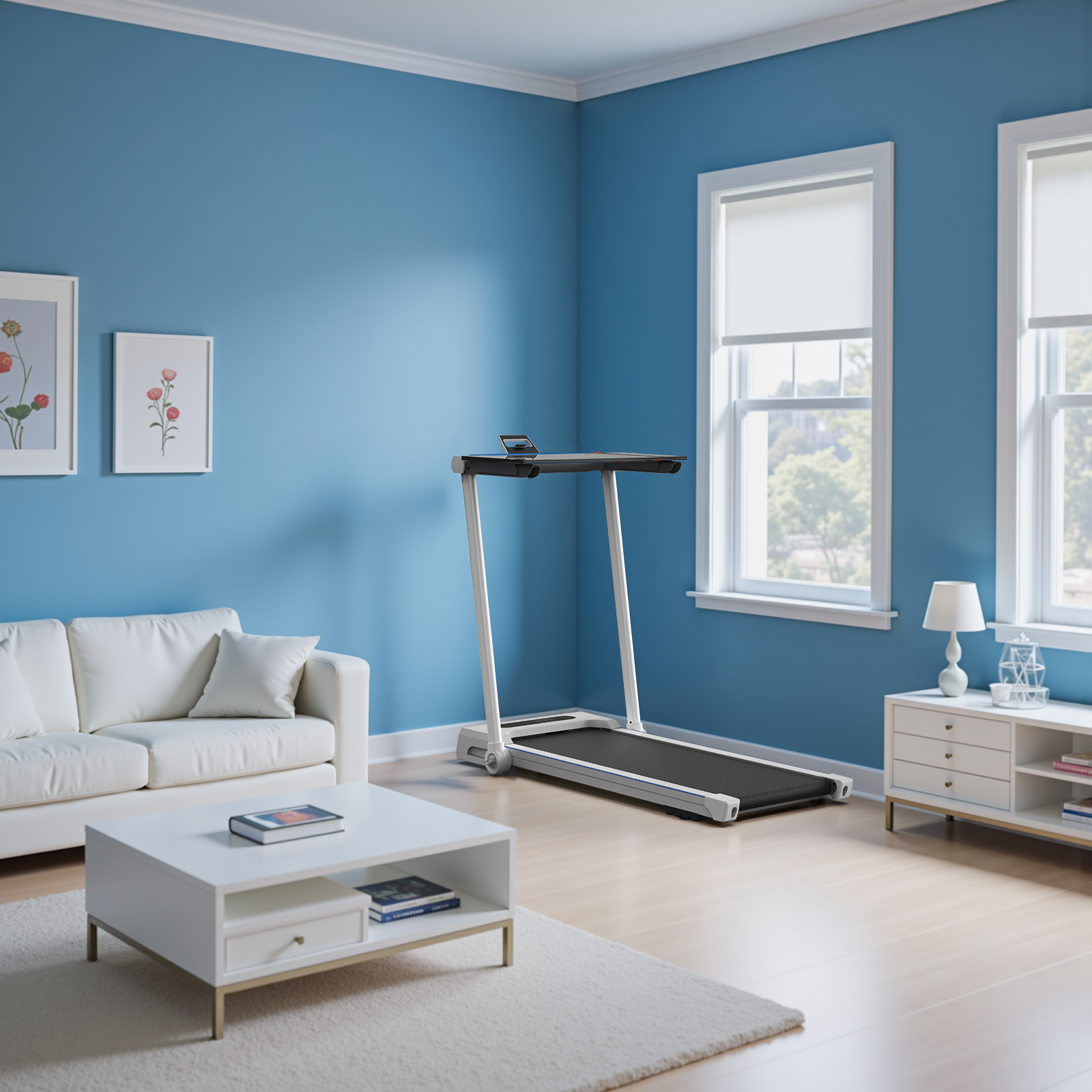 Una habitación con paredes azules, sofá, cinta de correr y ventanas.