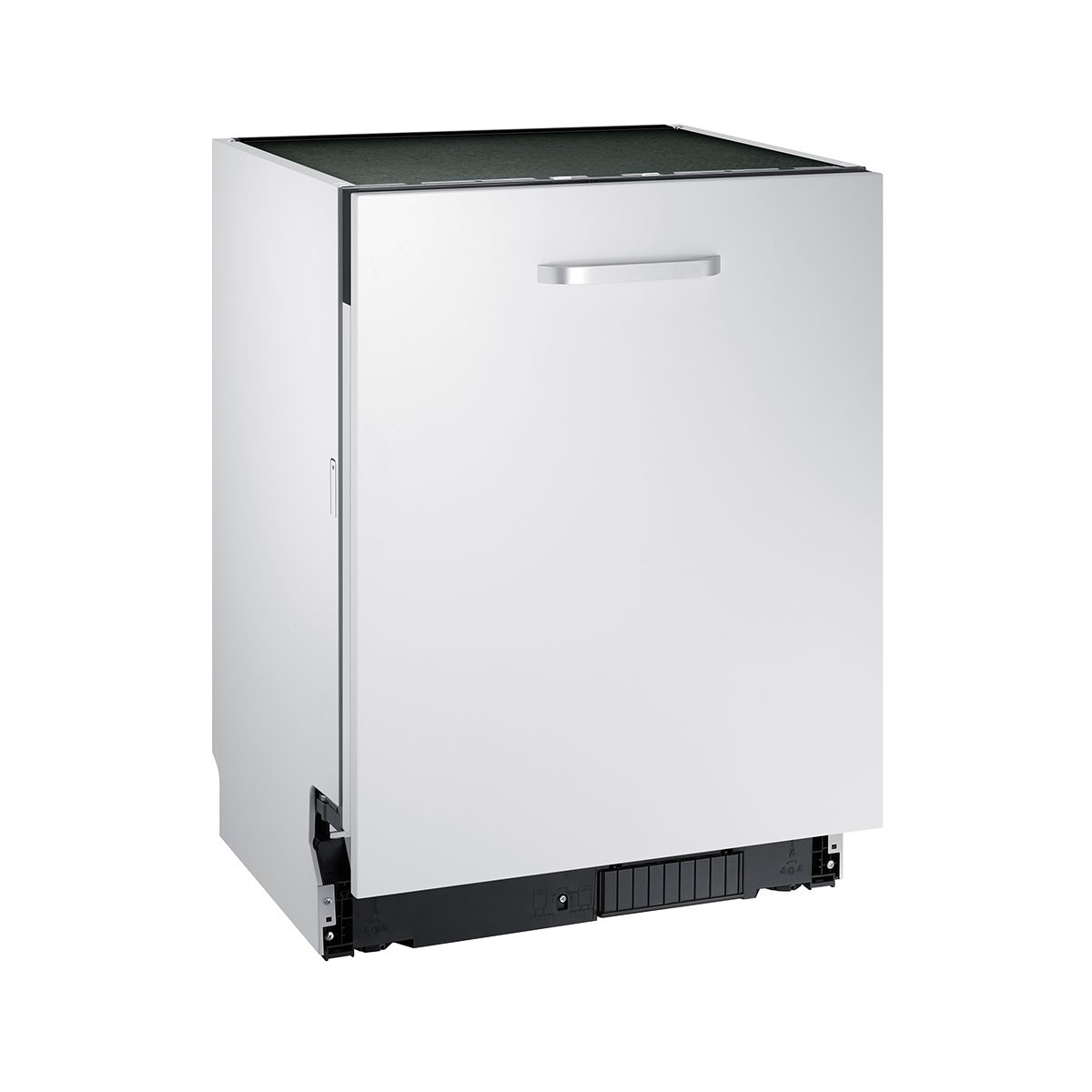 A white dishwasher with a silver handle on a white background.