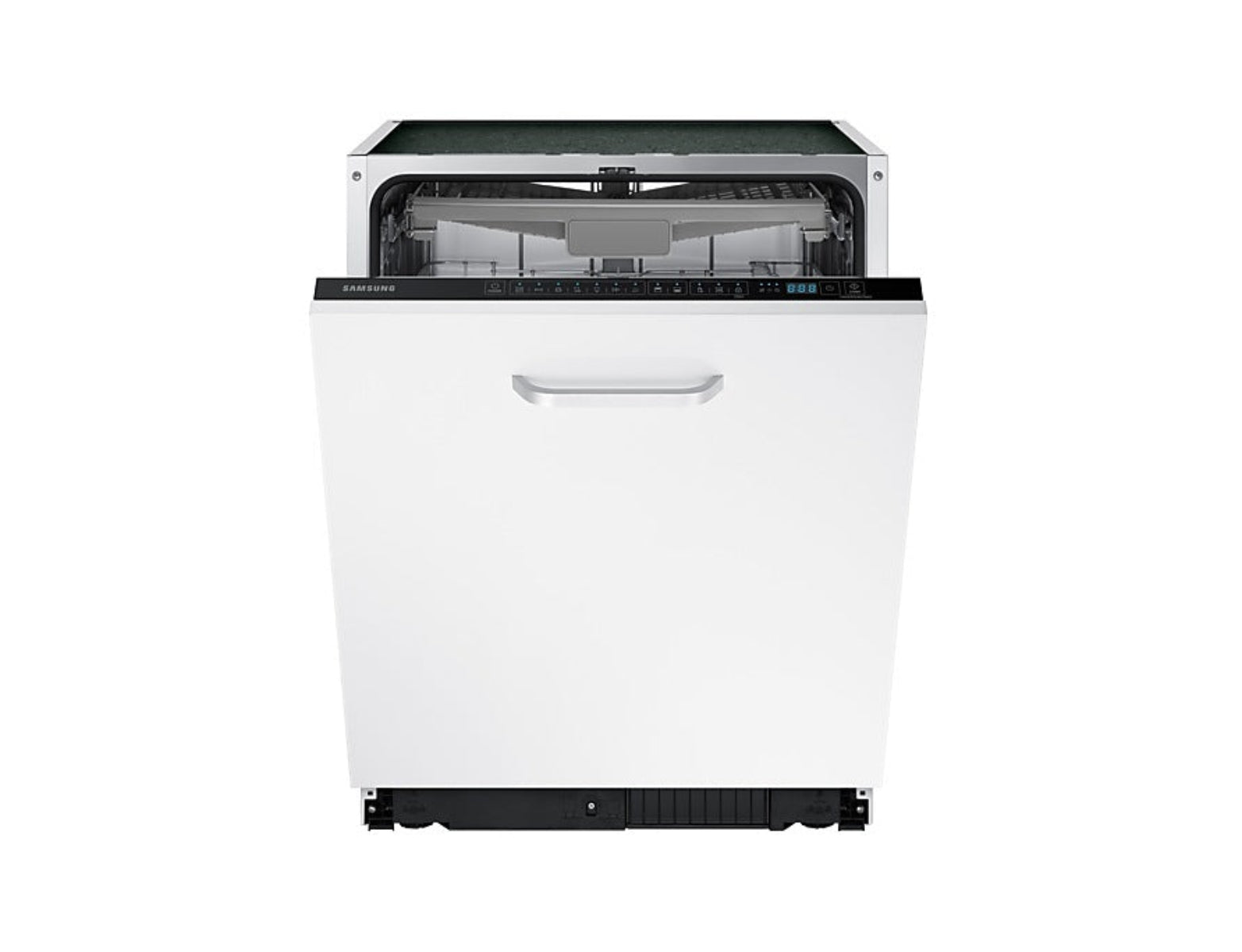 A white Samsung dishwasher with its door open, revealing the interior.