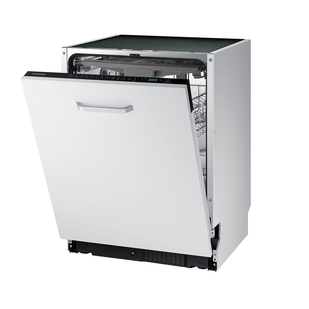 A white built-in dishwasher with its door open, revealing the interior racks.