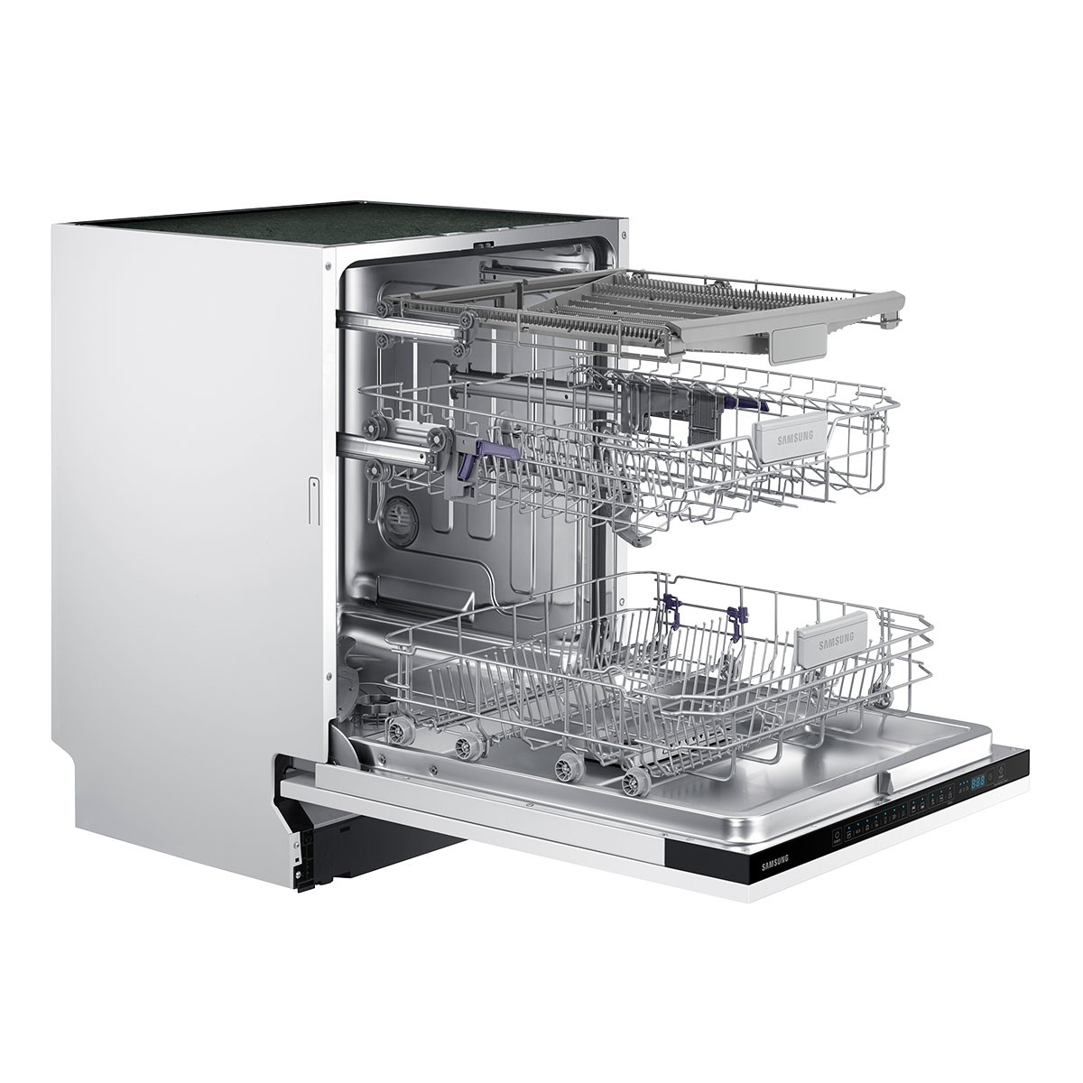 A white dishwasher with its door open, showing two pull-out racks for dishes.