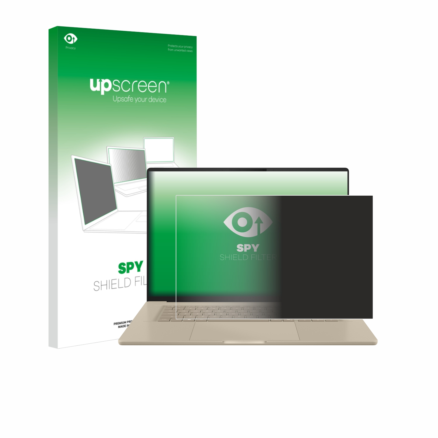 Ein Laptop mit einem Sichtschutzfilter, der eine geteilte Ansicht von Privatsphäre und Dunkelheit zeigt.