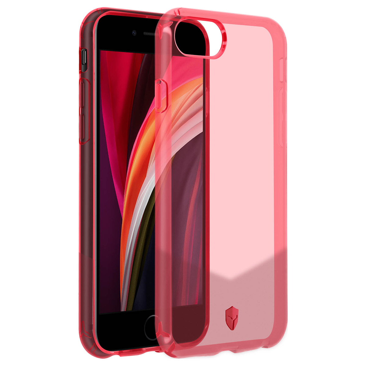 Un smartphone rouge avec un étui transparent.