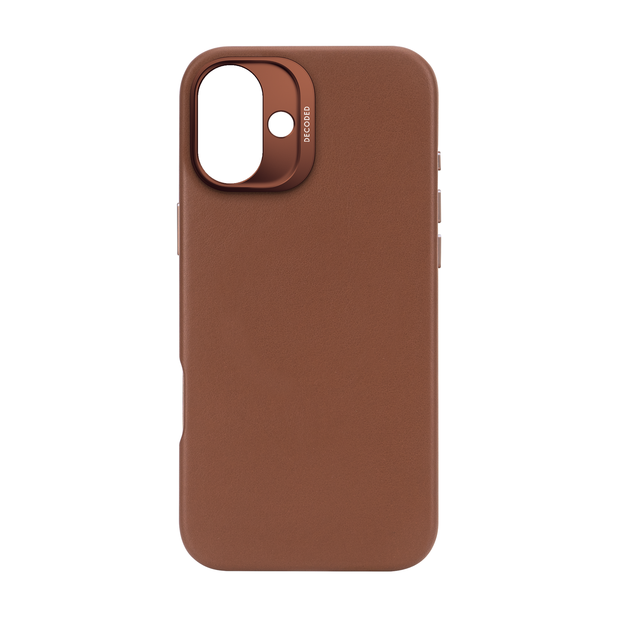 Custodia marrone per telefono con ritaglio fotocamera e testo "DECODED".
