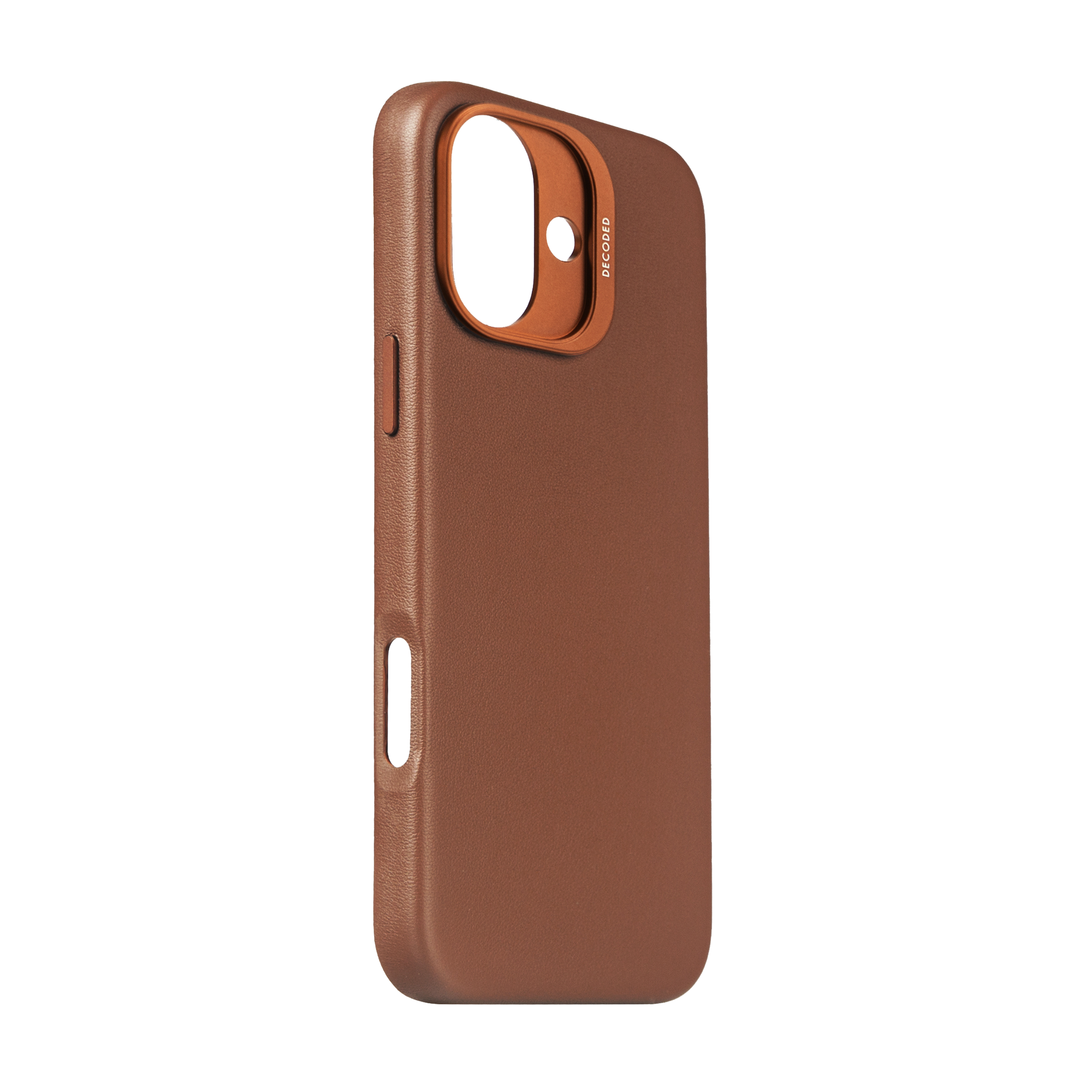 Custodia in pelle marrone per telefono con ritaglio fotocamera su sfondo bianco.